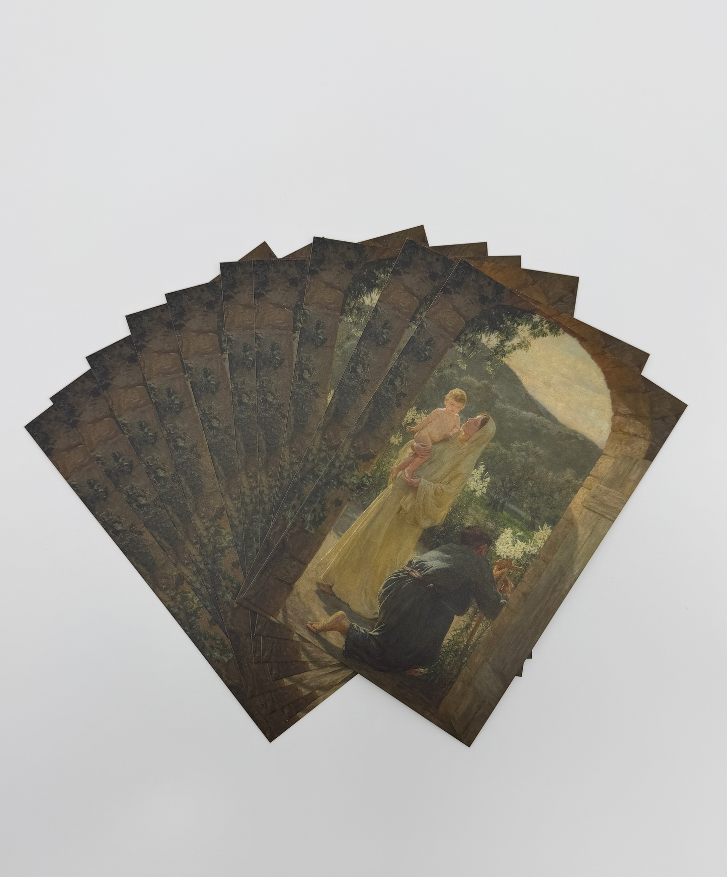 The image is a fan-like arrangement of several printed photographs, each depicting a different scene or subject.