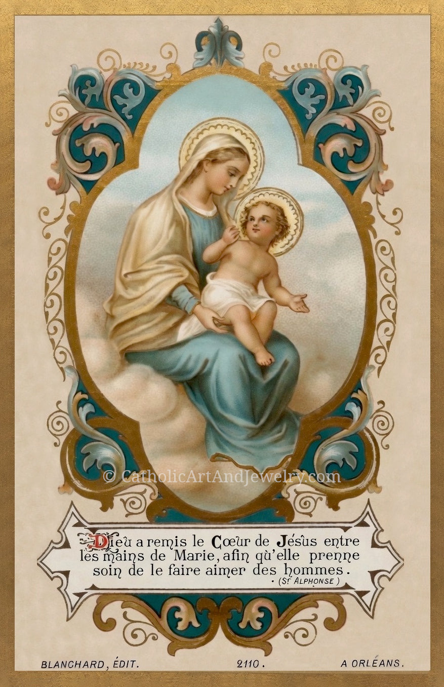 The image is a religious illustration depicting the Virgin Mary holding the baby Jesus, surrounded by ornate decorative elements.