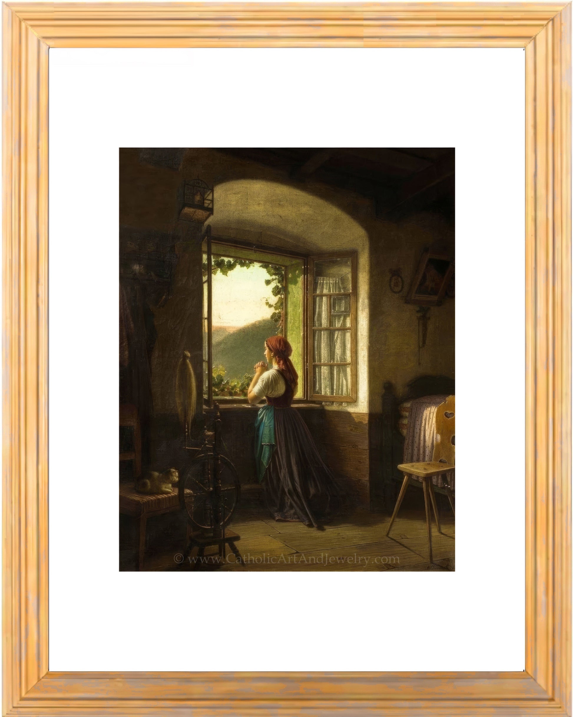 a painting of a woman looking out a window