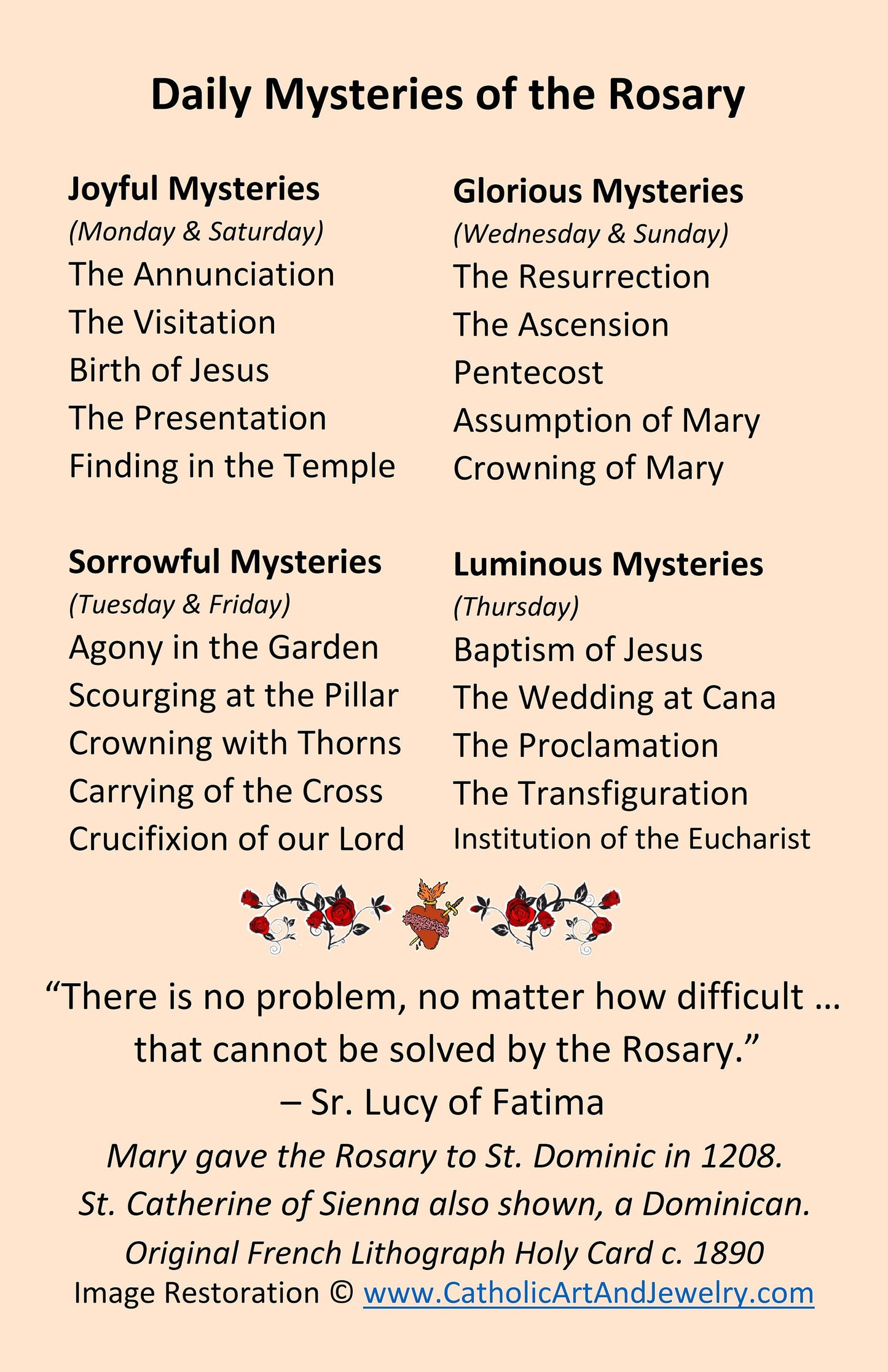 New! Daily Mysteries of the Rosary – pack of 10/100/1000 – Madonna and Child Holy Card