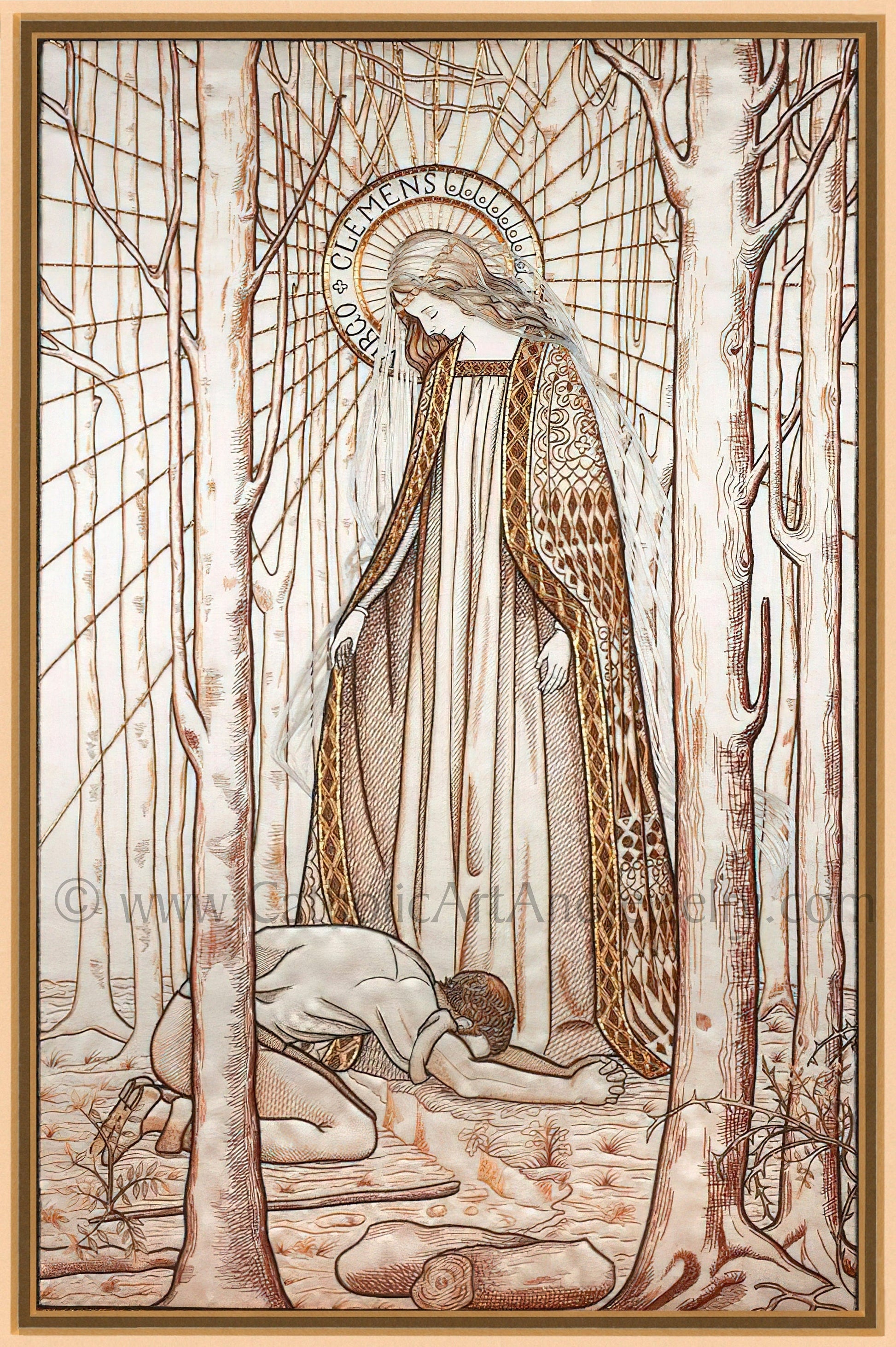 a religious scene with a figure in a robe standing over a kneeling person, who appears to be in a state of prayer or begging. The figure is surrounded by trees and a halo, suggesting a spiritual or divine presence.
