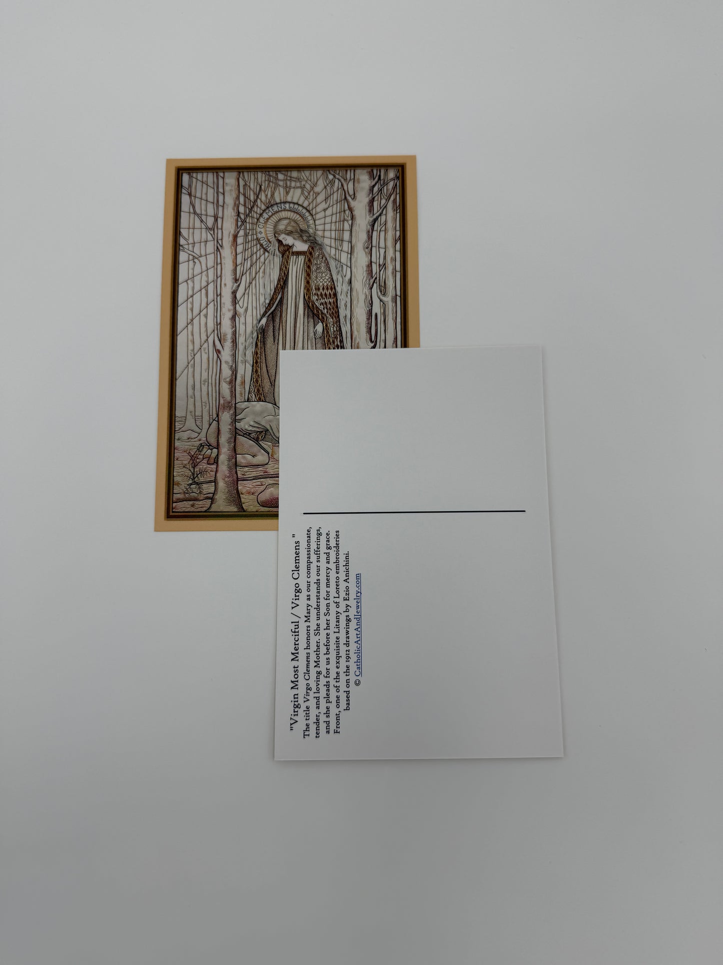 The image is a postcard with a black and white illustration of a bird on the left side, and a block of text on the right side.