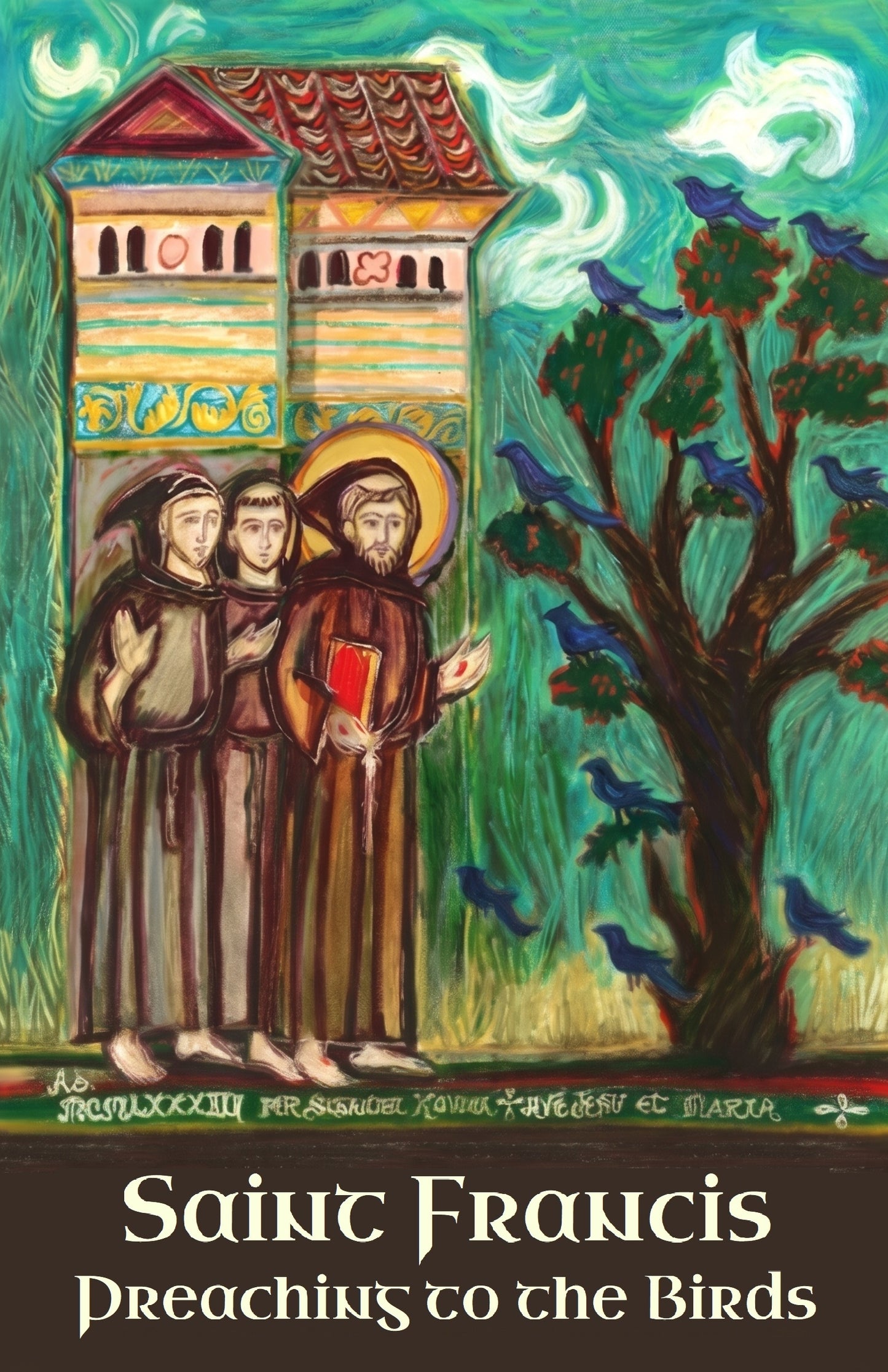 three monks in brown robes standing in front of a colorful, ornate building with a red roof, surrounded by a lush green landscape with trees and birds.