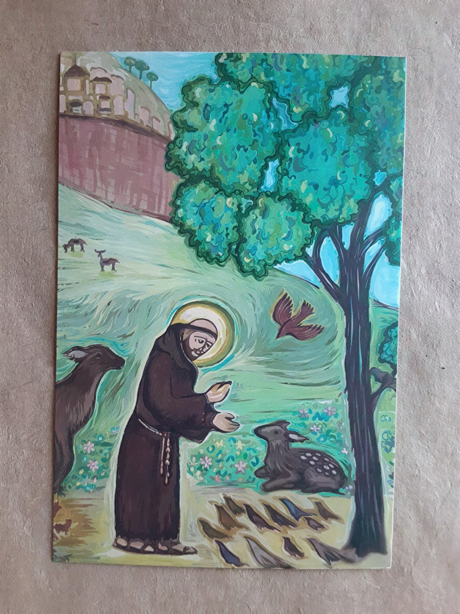 A painting depicting a monk in a brown robe standing in a lush green landscape, surrounded by animals and birds.