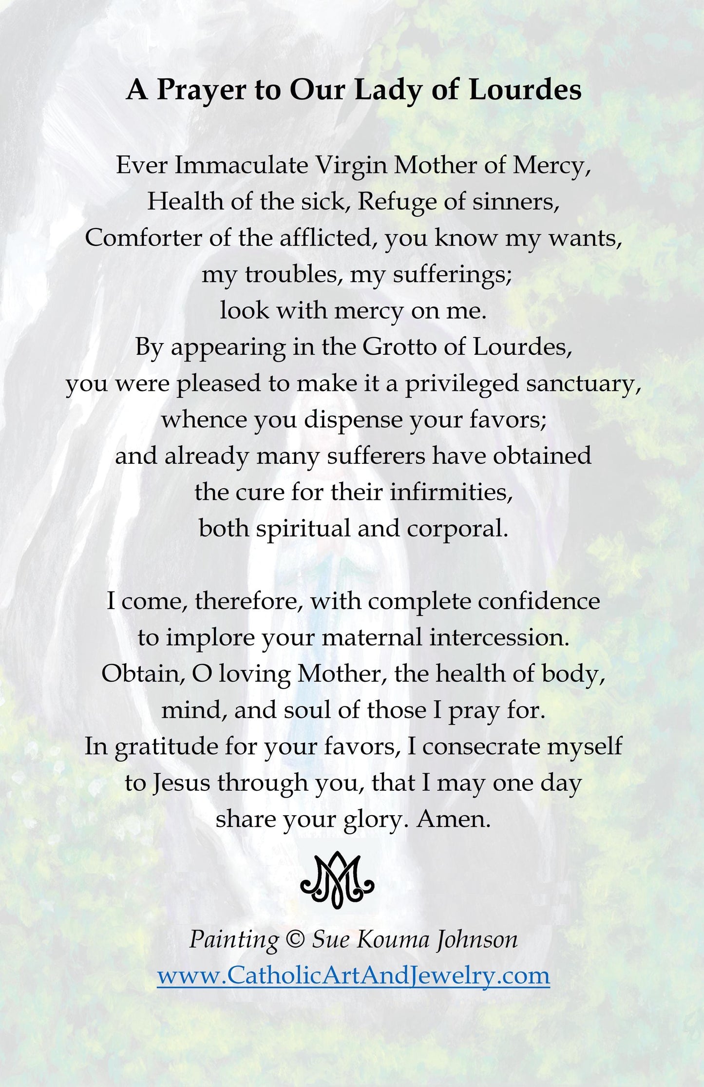 New! Our Lady of Lourdes Holy Cards – by Sue Kouma Johnson – pack of 10/100/1000