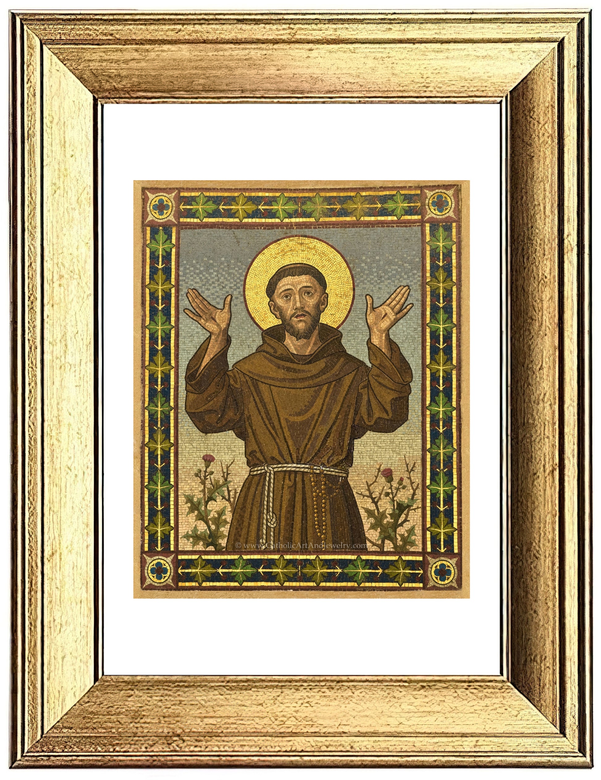a painting of jesus holding his hands up
