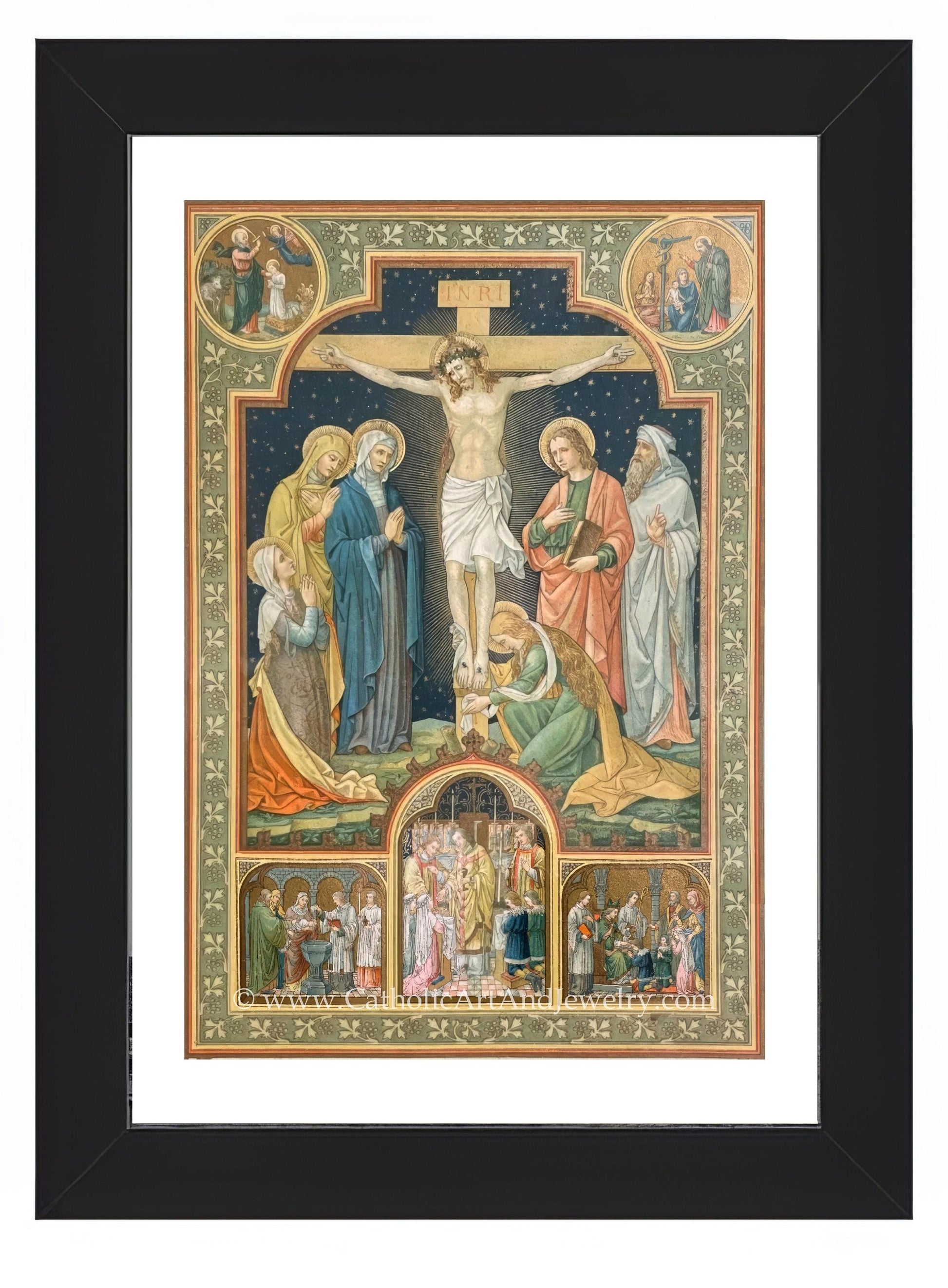 a painting of jesus on the cross with other people