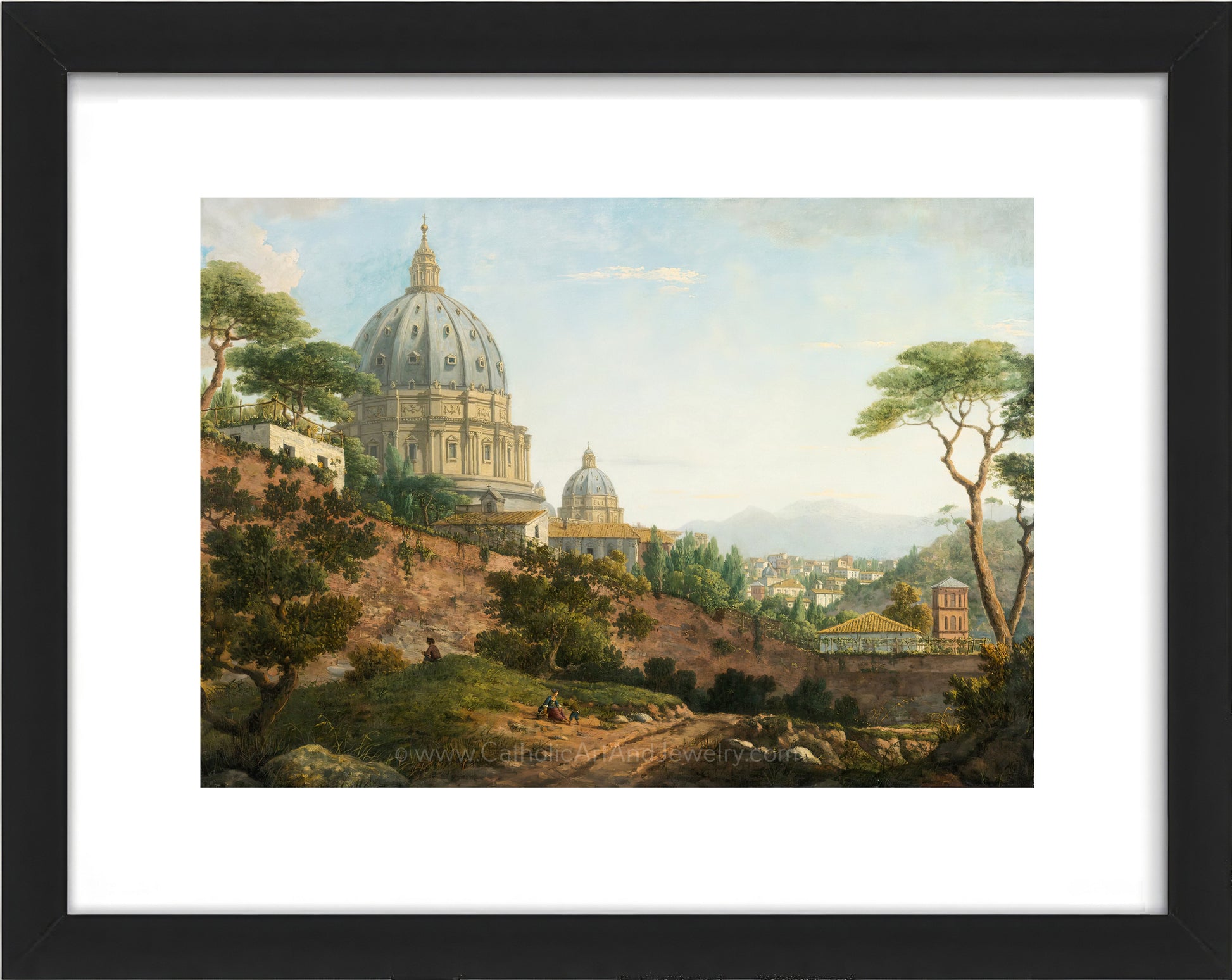 a painting of a church on a hill