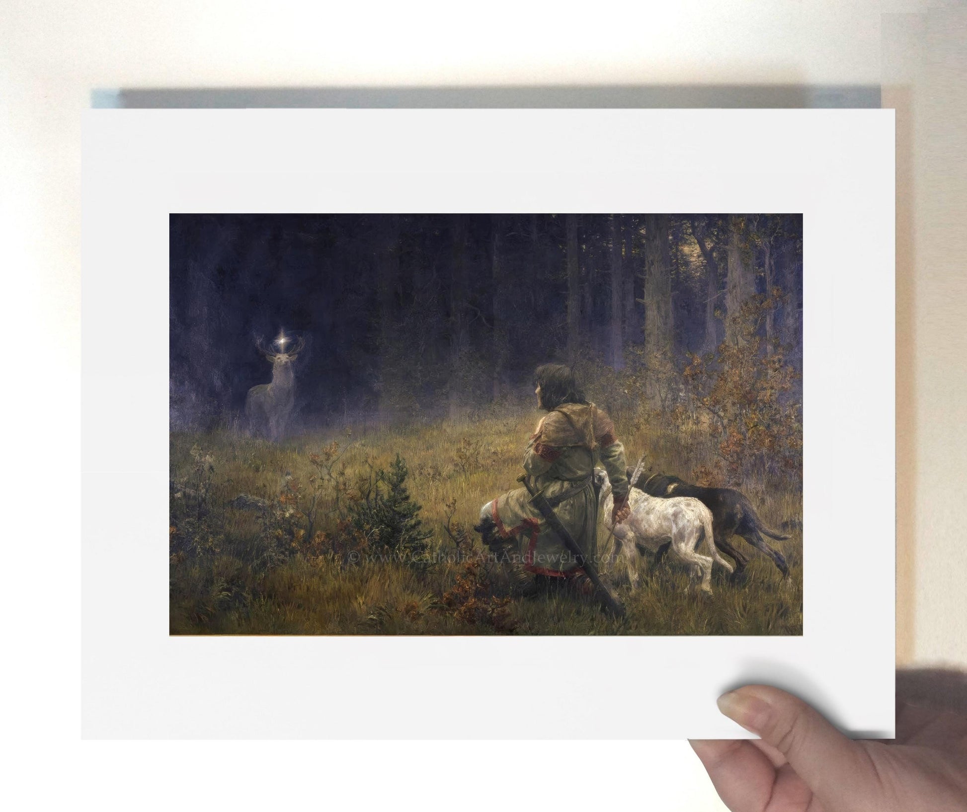 a painting of a man on a horse with a deer in the background