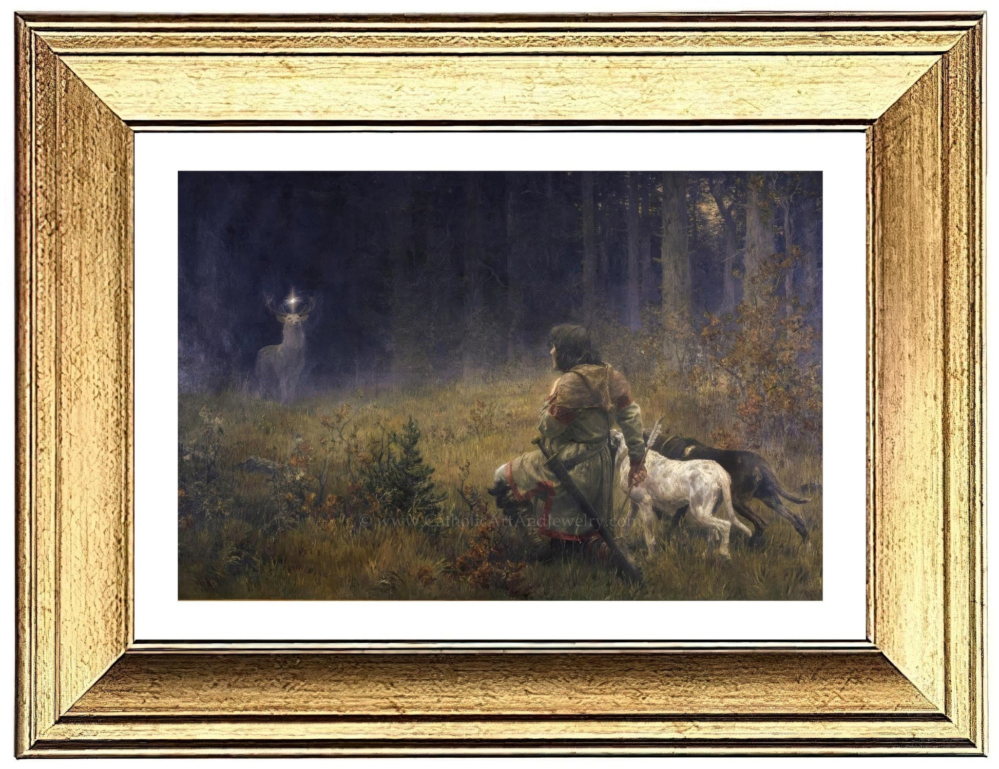 a painting of a man on a horse with a deer in the background