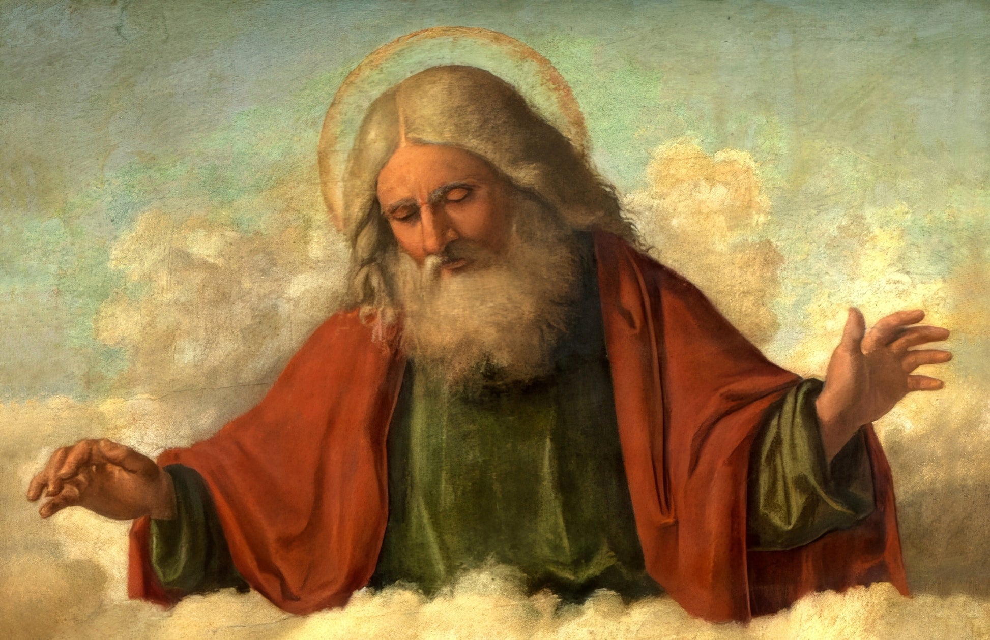 a bearded man wearing a red robe, with his hands outstretched, surrounded by clouds.