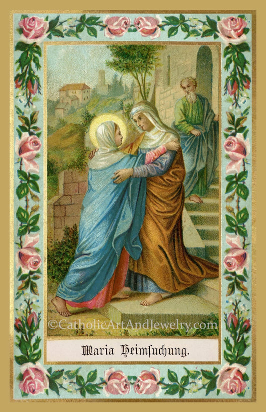 The image is a religious painting depicting the Virgin Mary embracing the baby Jesus, with two men standing behind them. The painting is framed by a decorative border with pink roses.