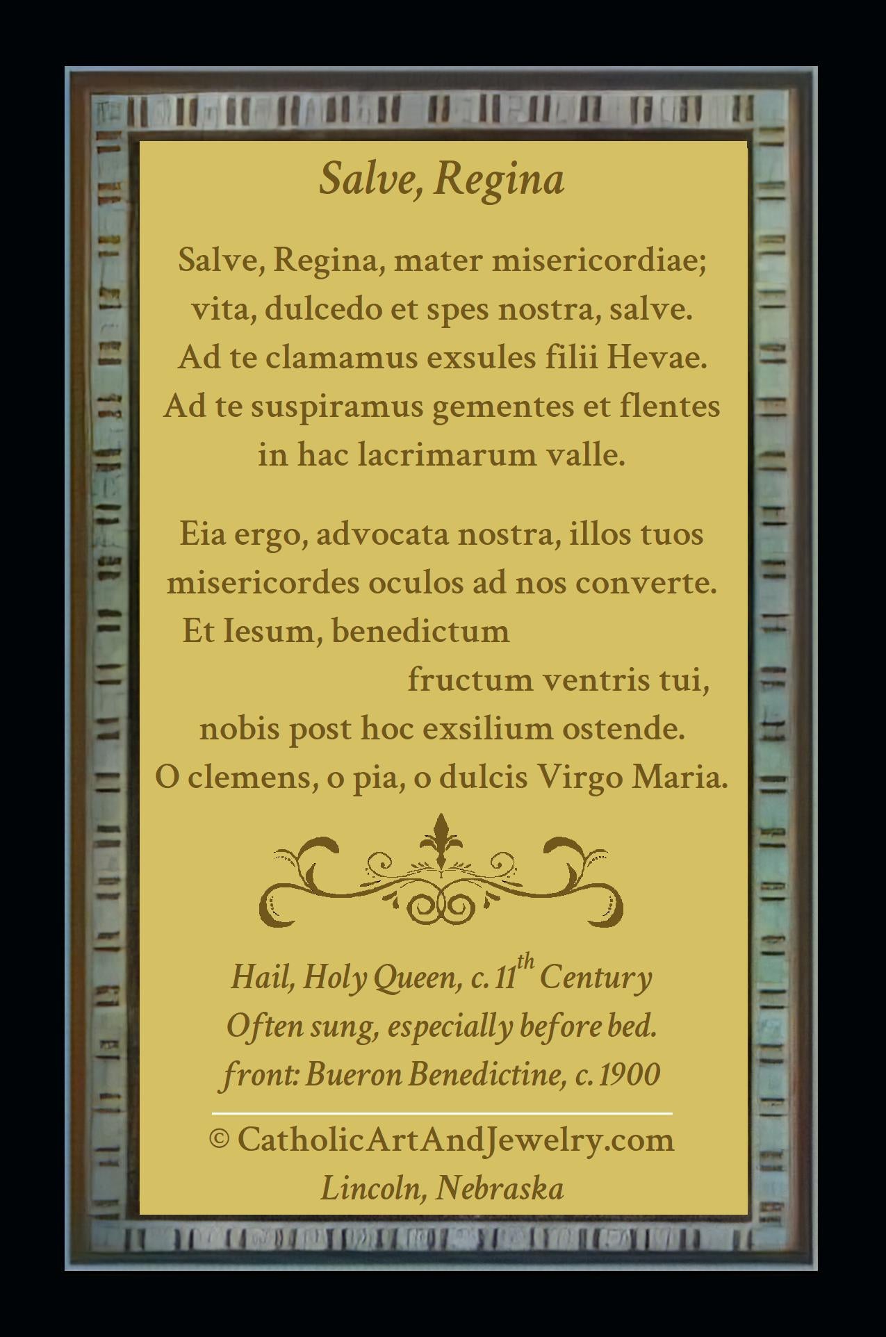 New! Salve Regina  (Hail Holy Queen) – Restored Holy Card from Benedictine Abbey, Beuron Germany – Latin Prayer – pack of 10/100/1000