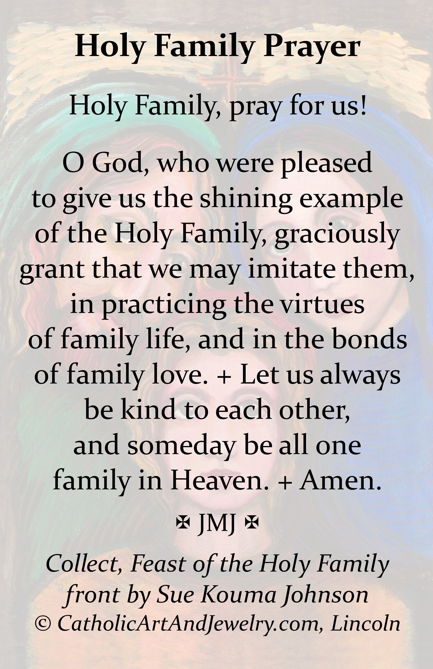 The image is a religious poster with a Bible verse and a pastoral scene. The text on the poster is a prayer for the Holy Family, and it includes a list of requests and instructions for the Holy Family.