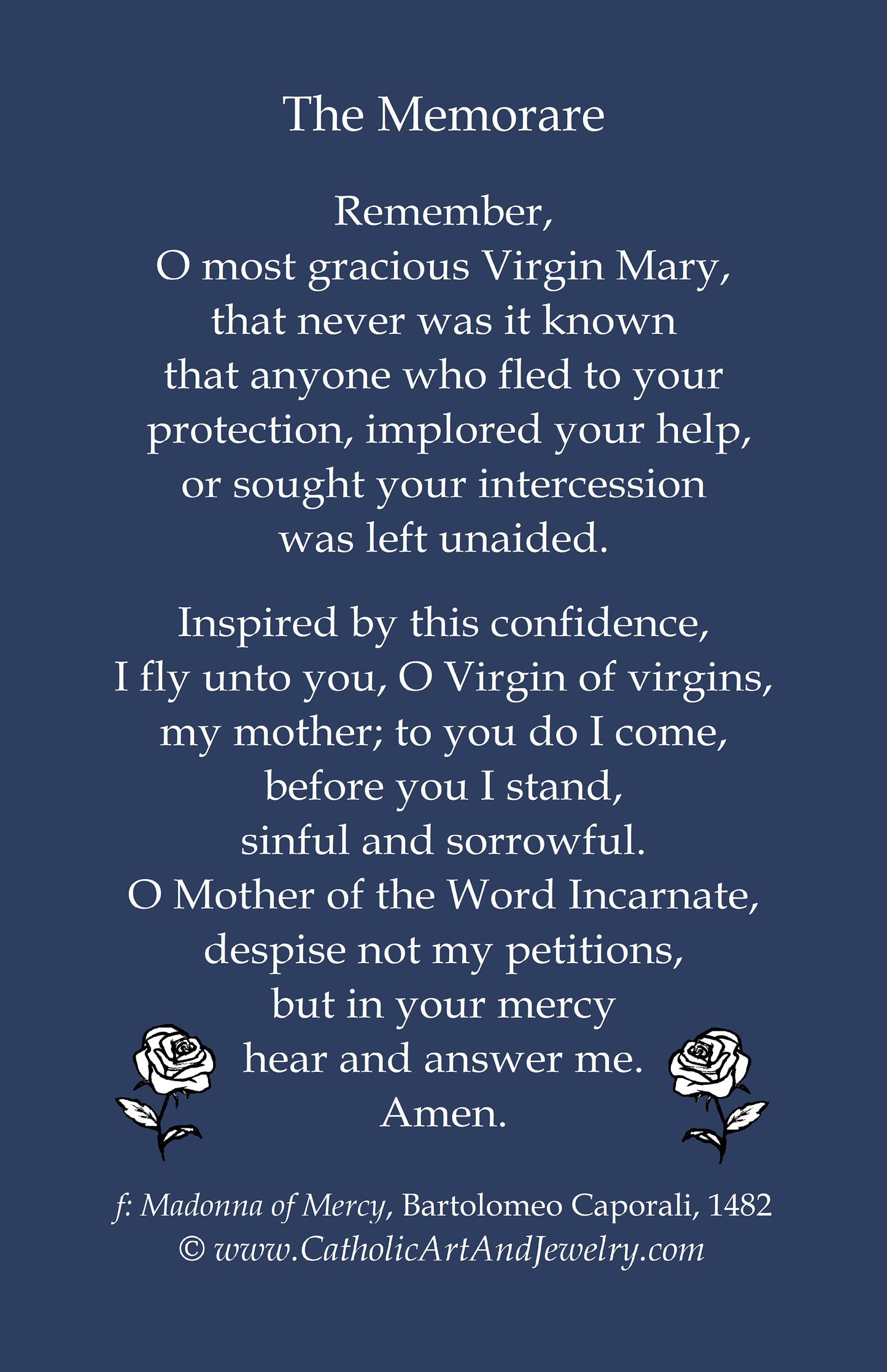 New! Memorare – Madonna della Misericordia – by Bartolomeo Caporali – Holy Card / Prayer Card – pack of 10/100/1000