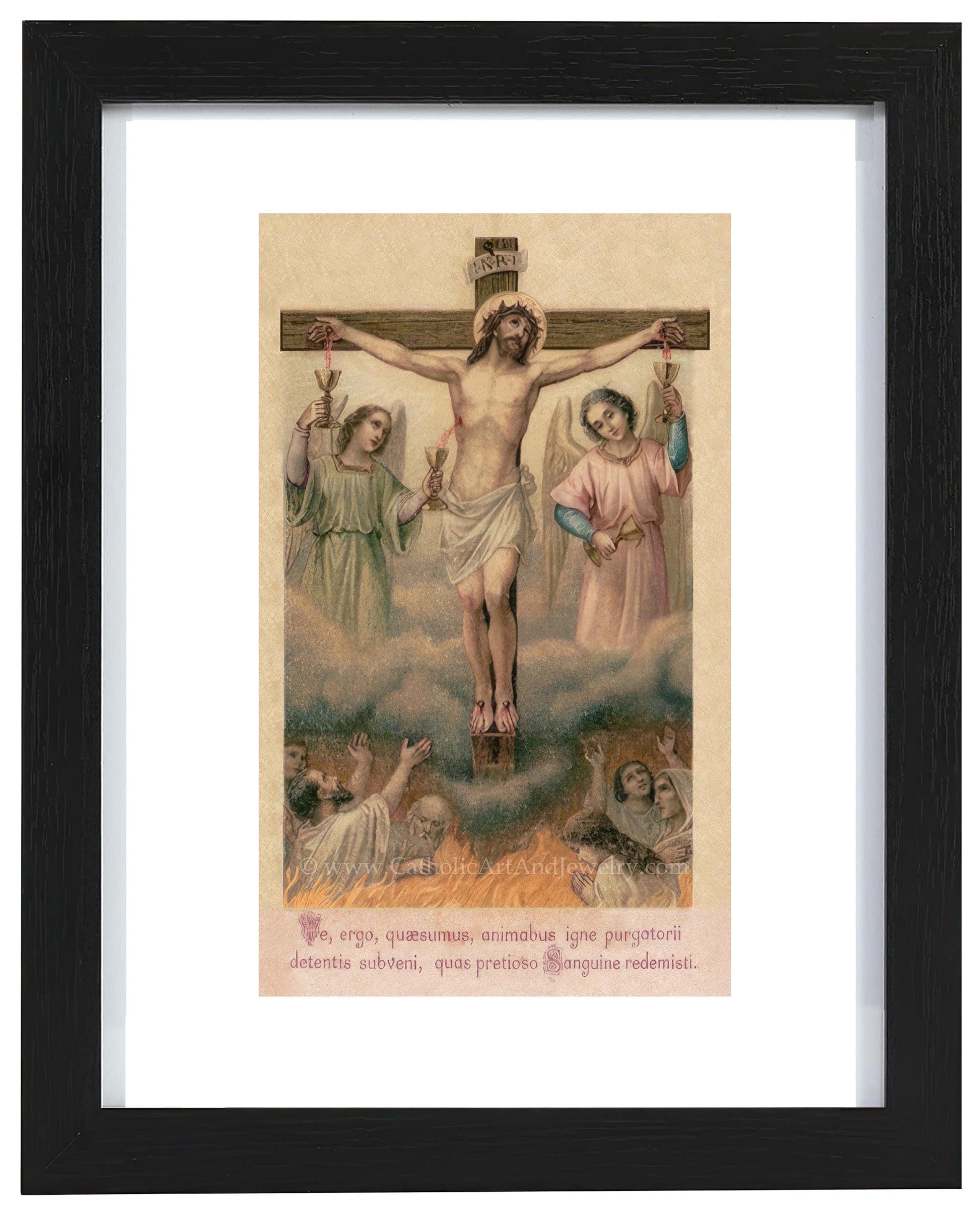 a painting of jesus on the cross with angels