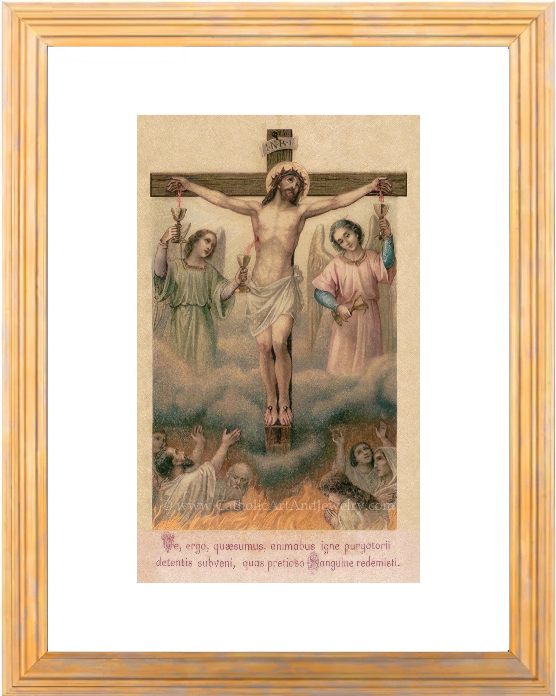 a painting of jesus on the cross surrounded by angels