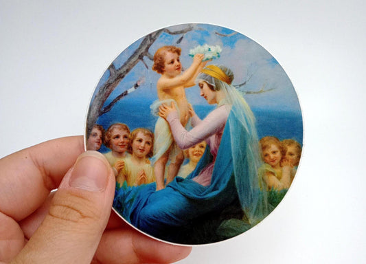 Crowning of Mary by Jesus Sticker – 3" Round – by Enrique M. Vidal – High Quality Vinyl