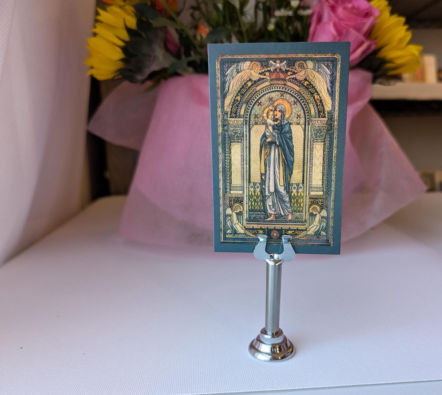 New! Holy Card Stand, Tall – (Holy Card Not Included) – Silver-Colored Steel Stand to Display Holy Card