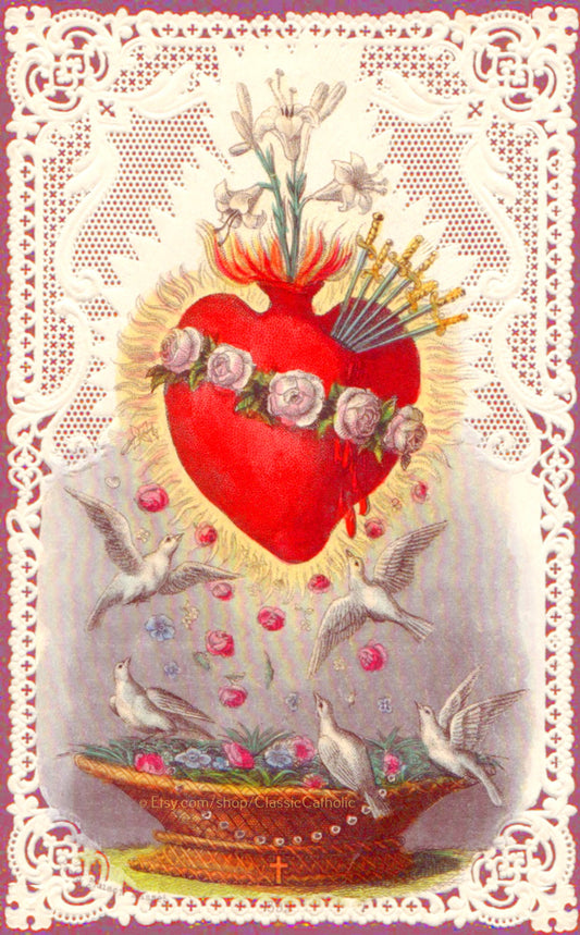 Immaculate Heart of Mary with Doves and Lace – based on a Vintage French Holy Card – Catholic Art Print – Archival Quality