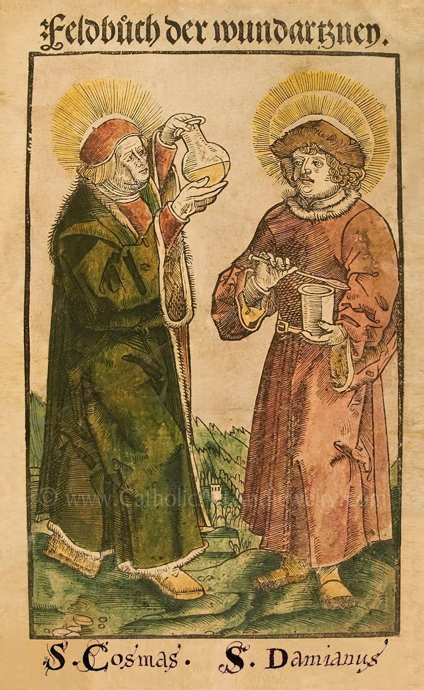 Sts Cosmas and Damian –3 sizes – by Johann Ulrich Wechtlin – Woodcut – Catholic Art Print – Archival Quality