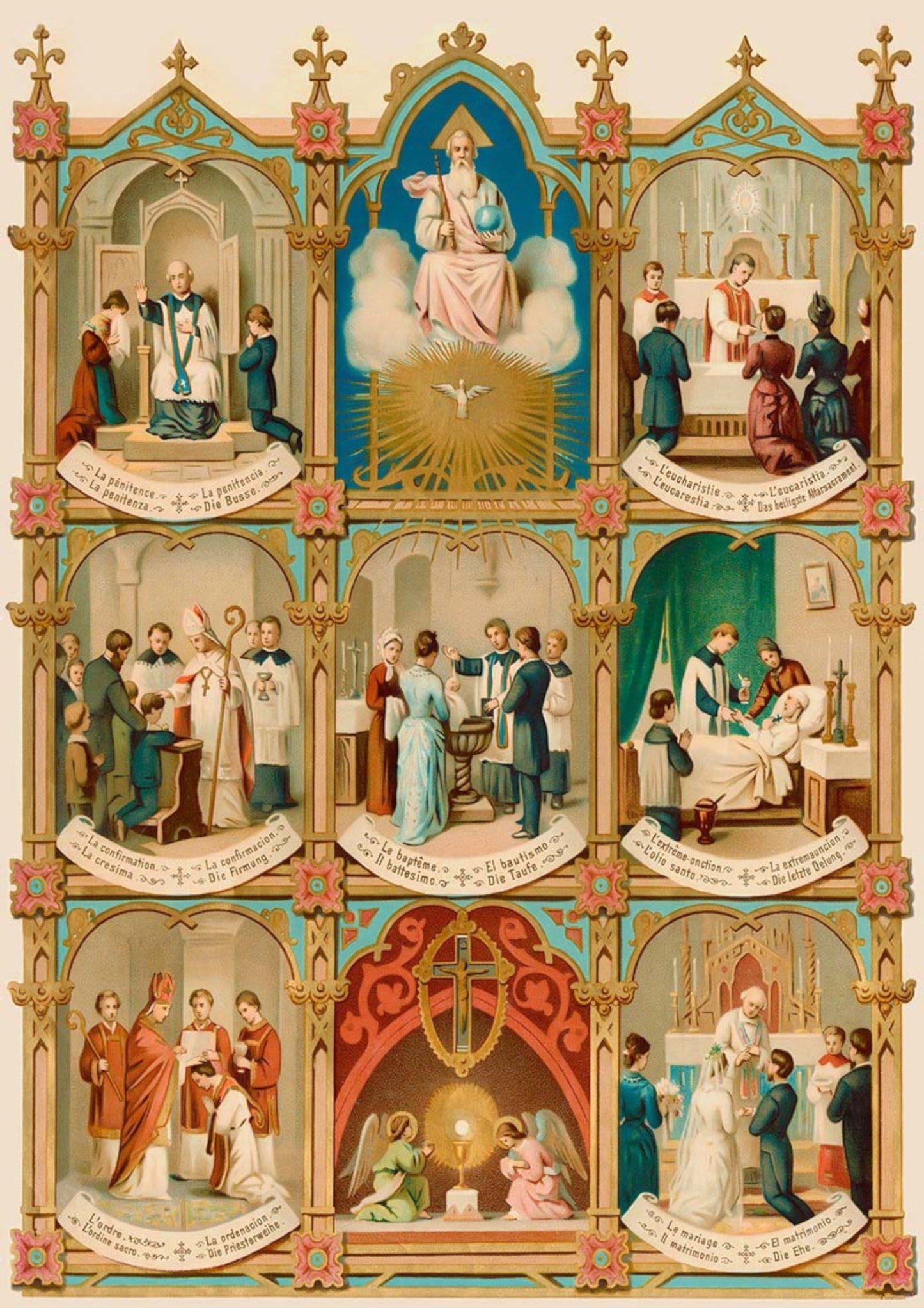 Seven Sacraments – based on a Vintage Holy Card – Catholic Art Print
