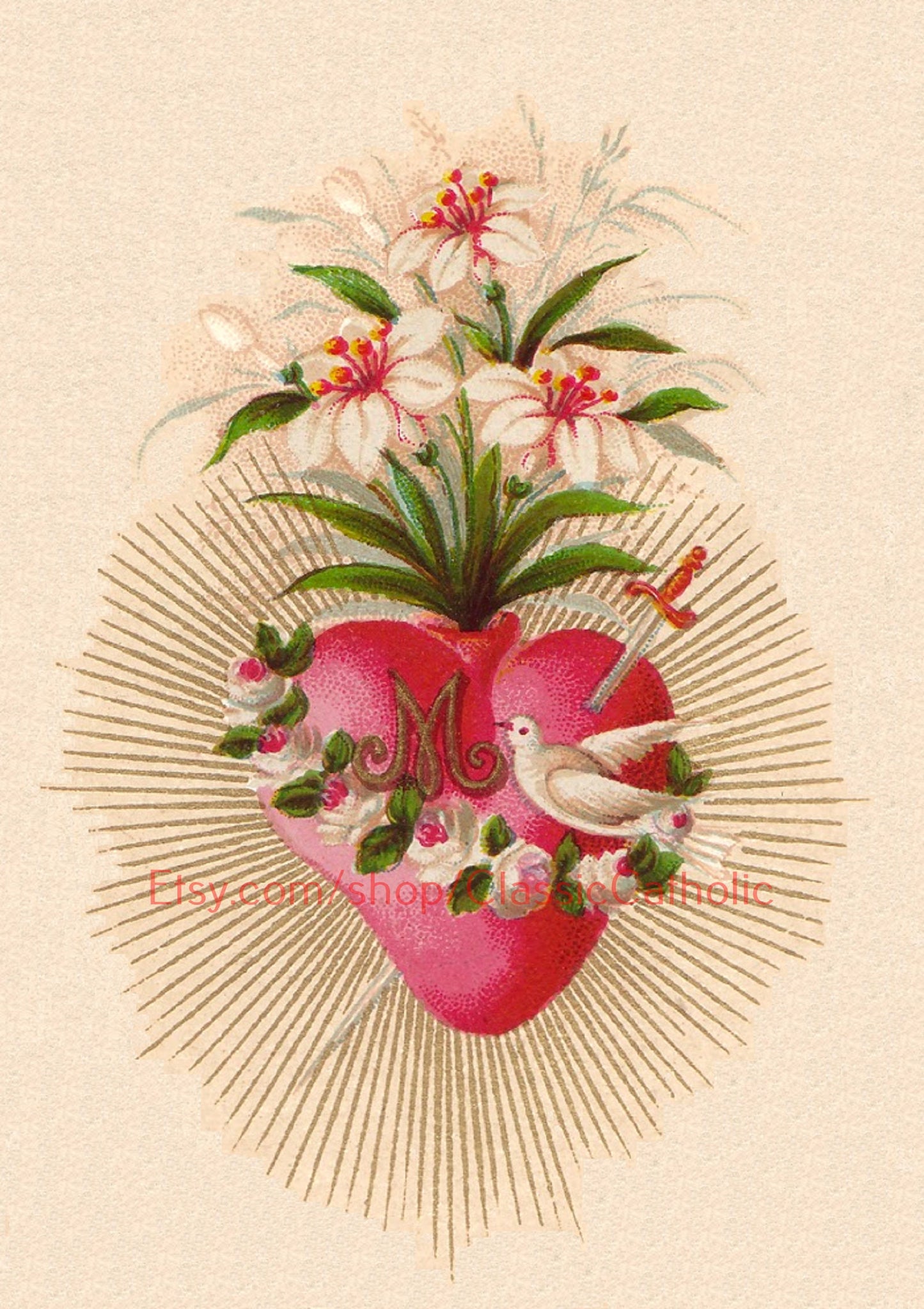 Immaculate Heart of Mary – based on a Vintage Holy Card – Catholic Art Print – Archival Quality