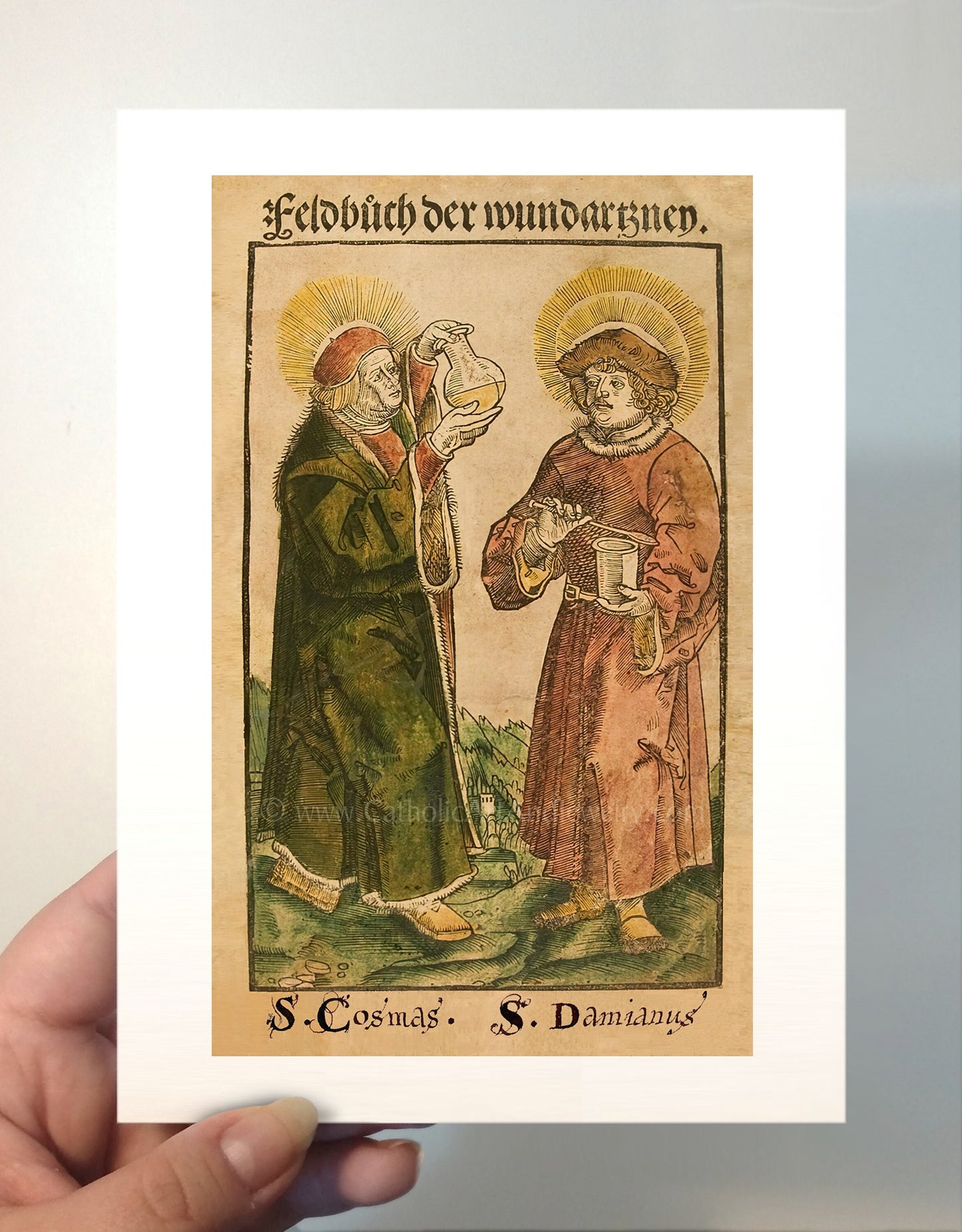 Sts Cosmas and Damian –3 sizes – by Johann Ulrich Wechtlin – Woodcut – Catholic Art Print – Archival Quality