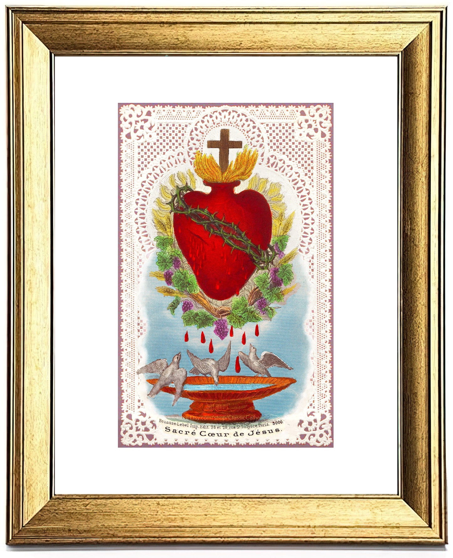 Sacred Heart of Jesus with Doves and Lace – based on a Vintage Holy Card – Catholic Art Print – Archival Quality