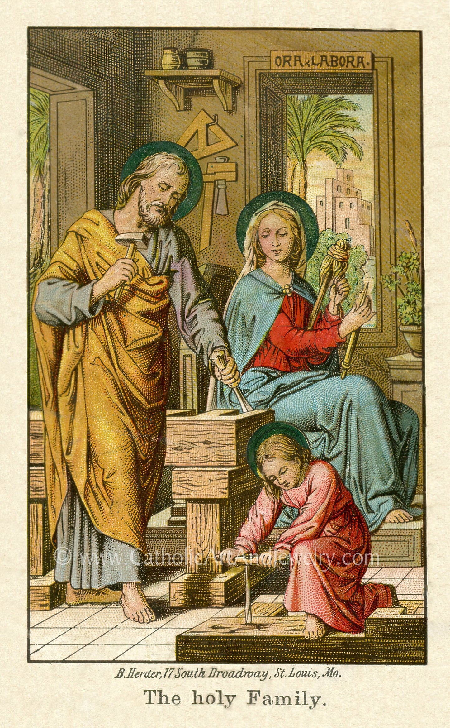 The Holy Family – Ora Et Labora – Based on an Vintage American Holy Card – Catholic Art Print – Archival Quality