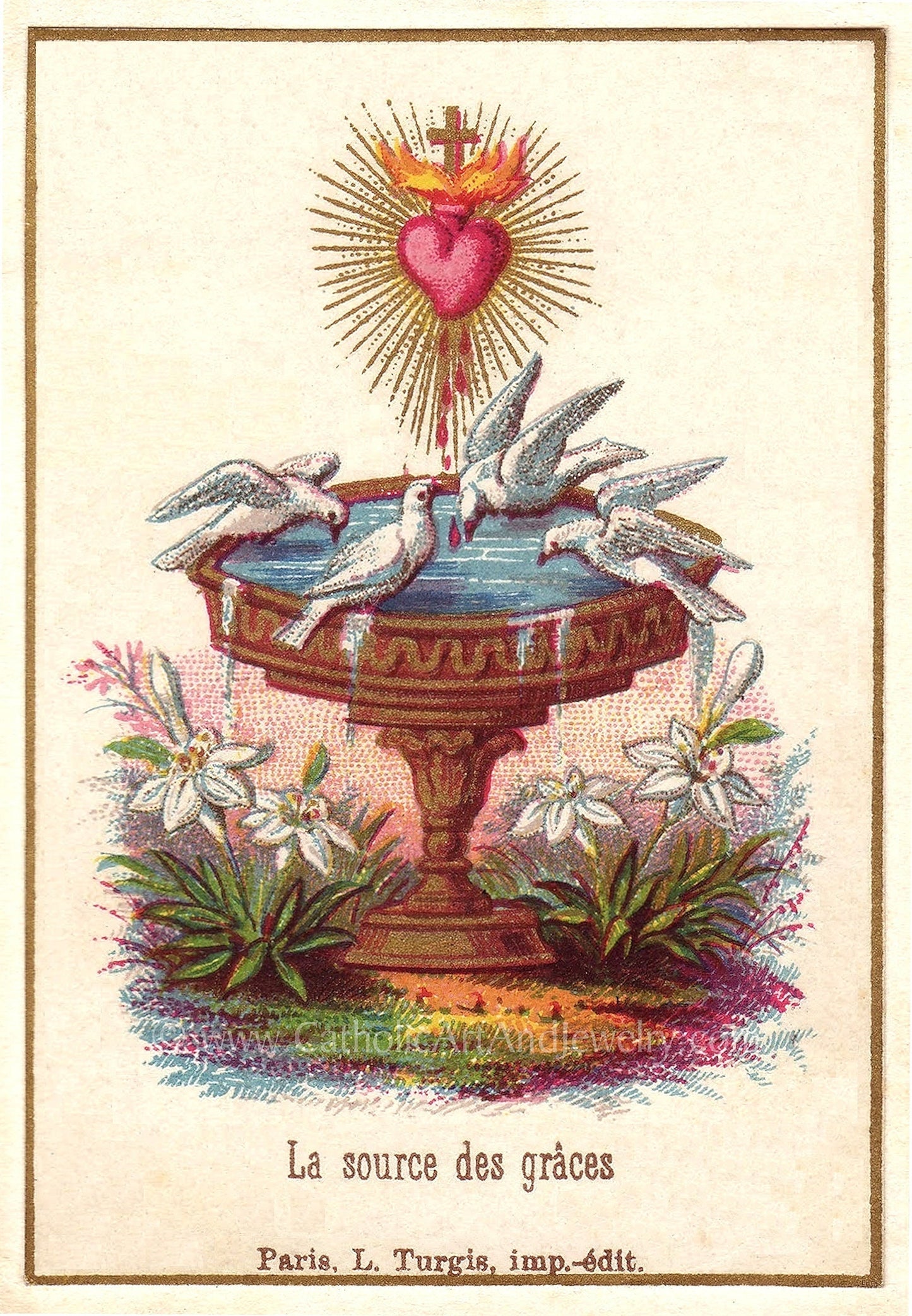Vintage Sacred Heart of Jesus with Doves – The Source of Grace – Based on an Antique Holy Card – Catholic Art Print – Catholic Gift