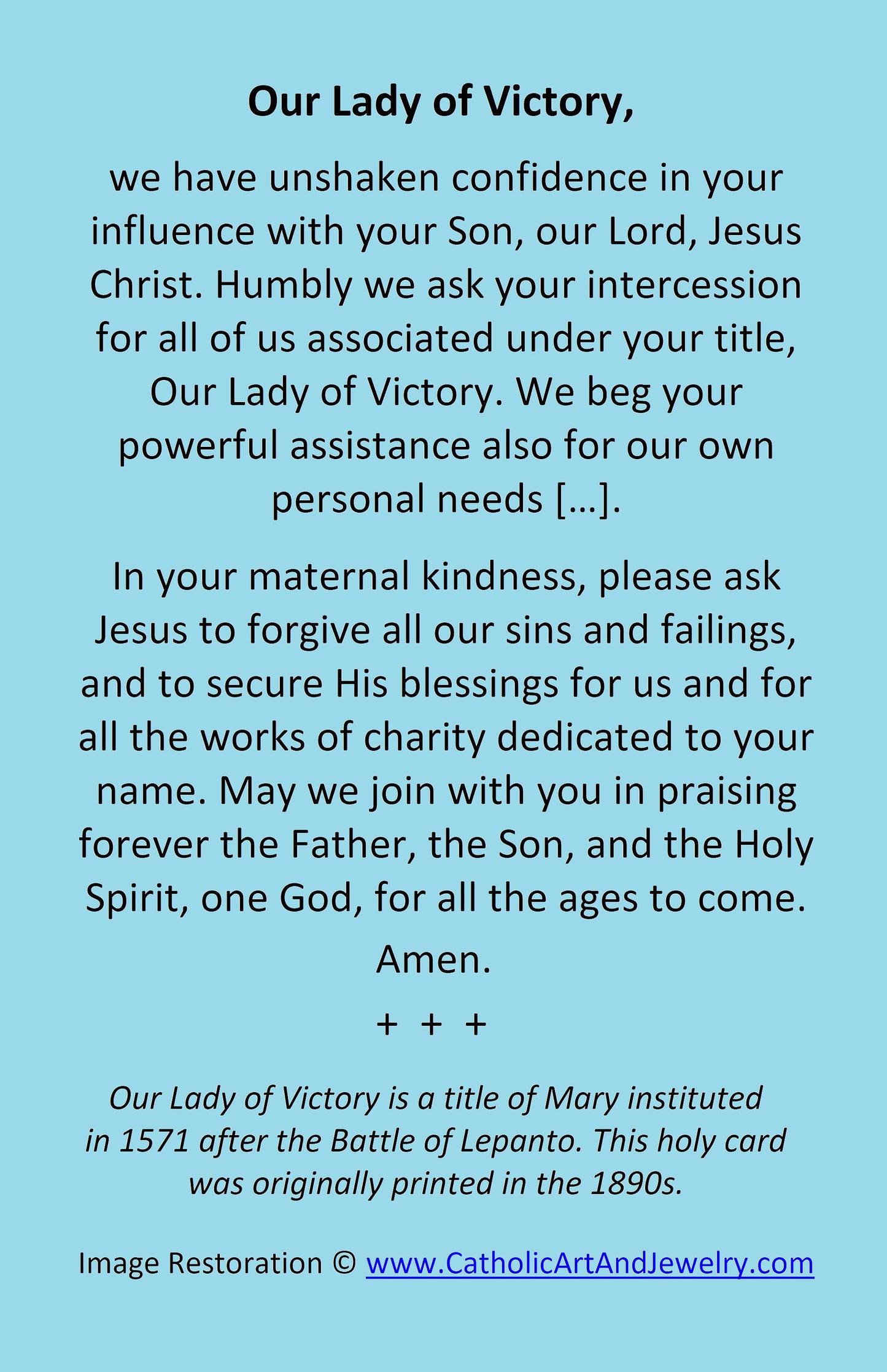 Our Lady of Victory Holy Card – pack of 10/100/1000 – Restored Vintage Holy Card