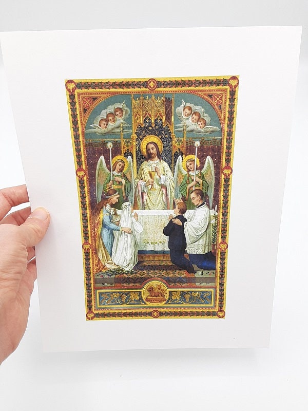 First Communion / Jesus Gives Eucharist – Based on Vintage Holy Card – Catholic Art Print – Communion Gift – Archival Quality