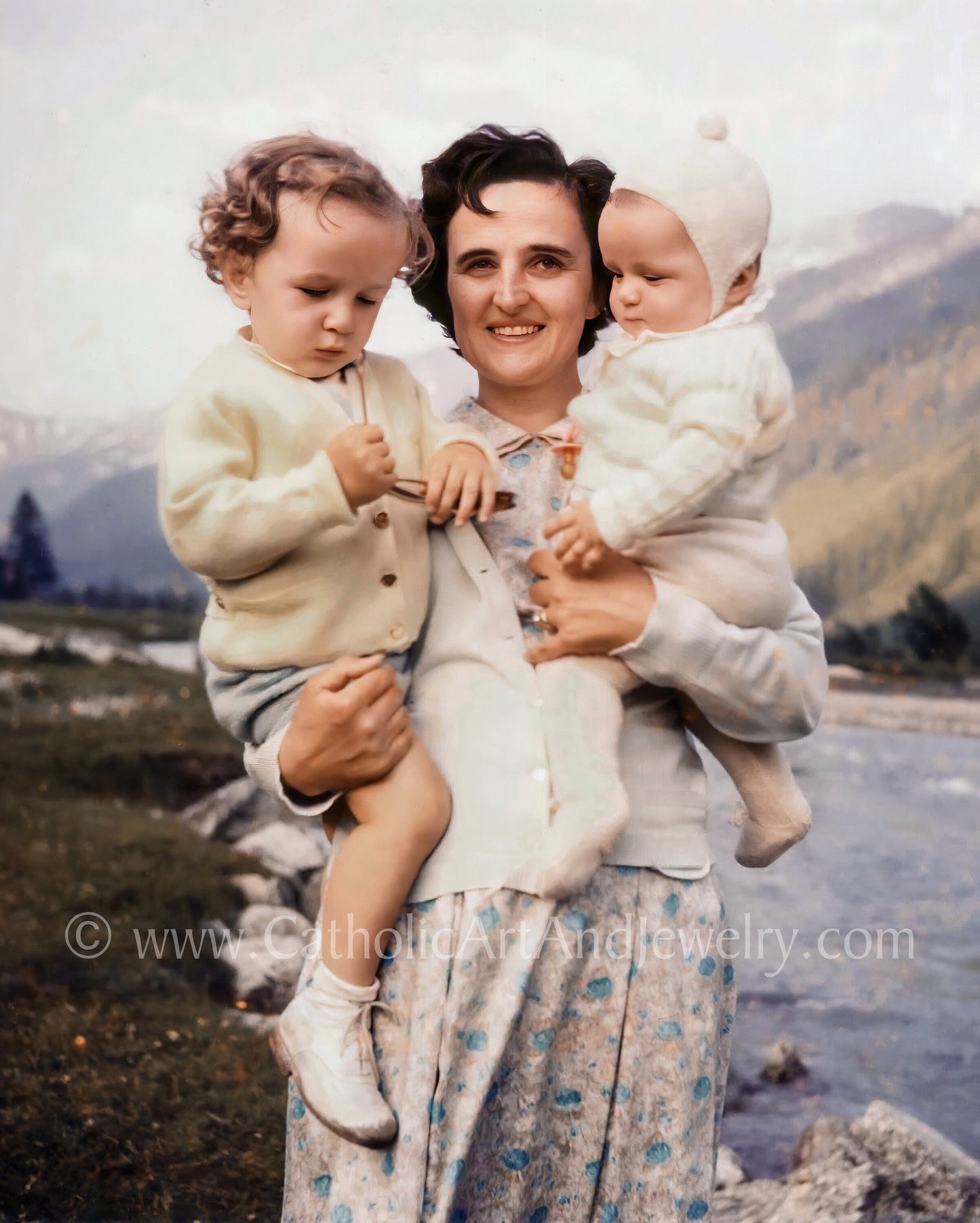 St. Gianna Molla Holding Two of Her Children – Exclusive Photo Restoration – Catholic Art Print – Catholic Gift