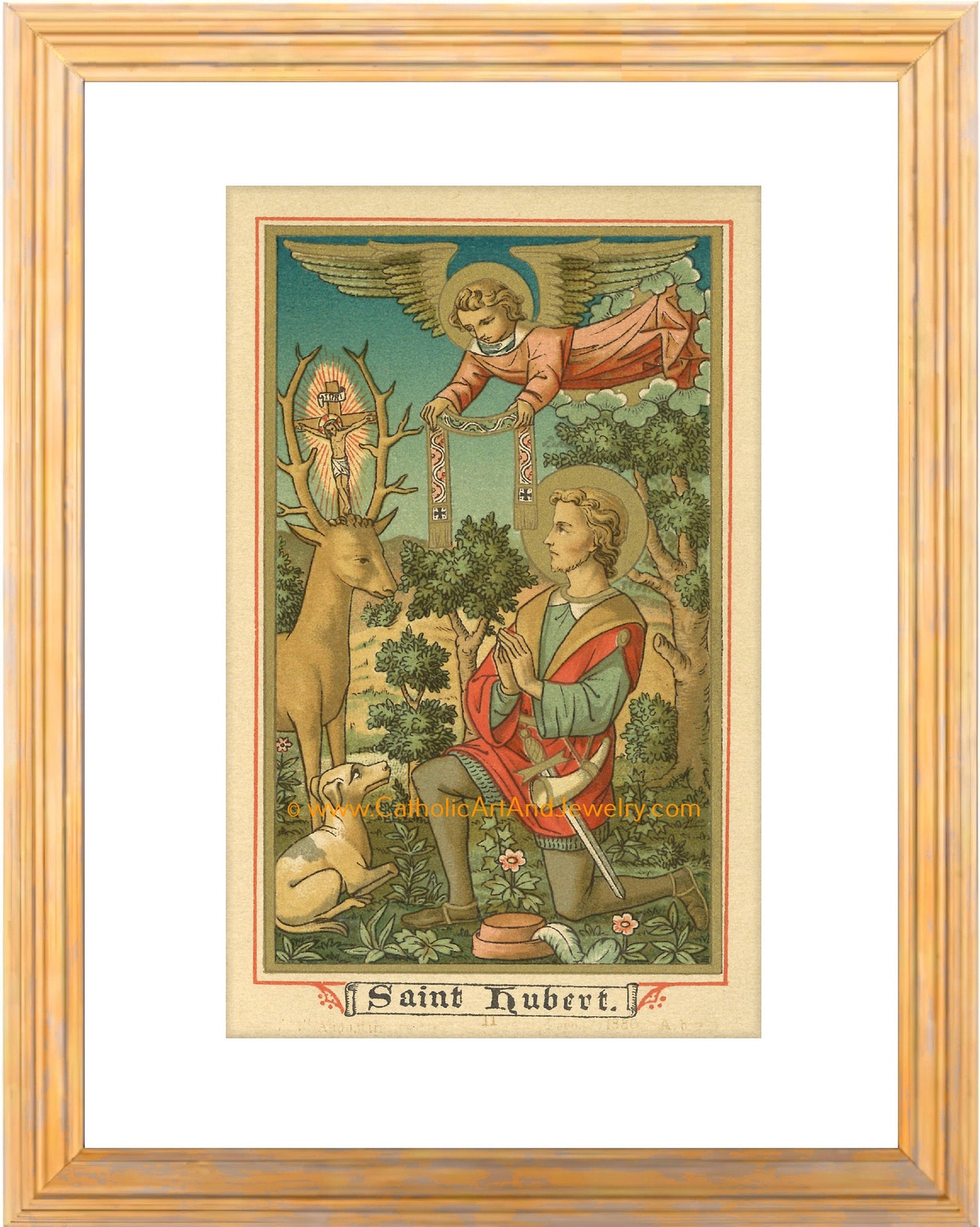 St. Hubert – Patron of Hunters – based on a Vintage Holy Card – Catholic Art Print – Archival Quality