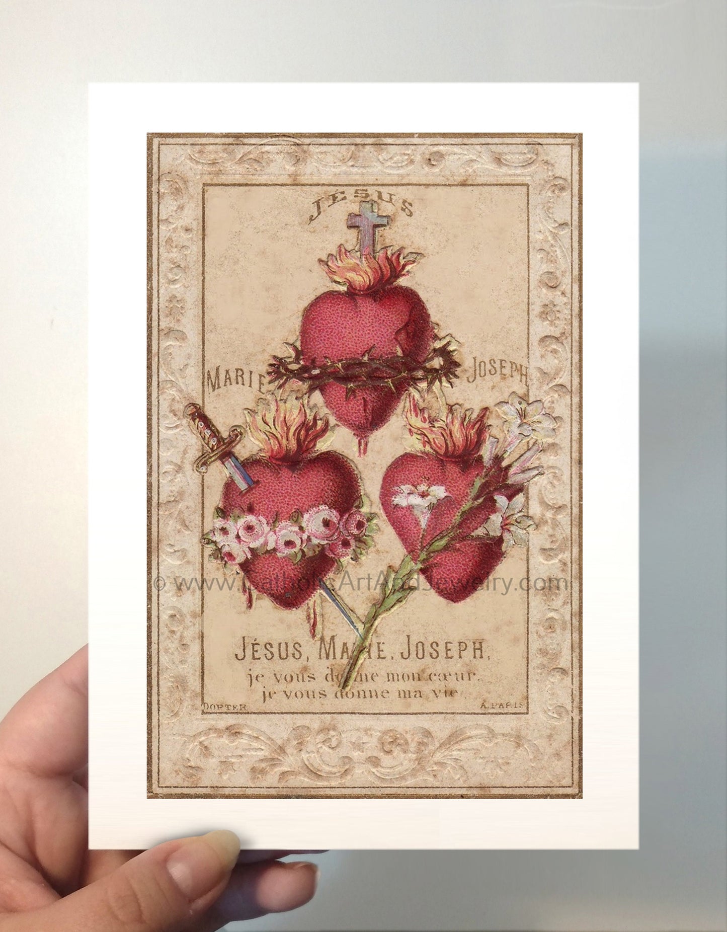 Hearts of the Holy Family – Including the Chaste Heart of St. Joseph – based on a Vintage French Holy Card – Catholic Art Print