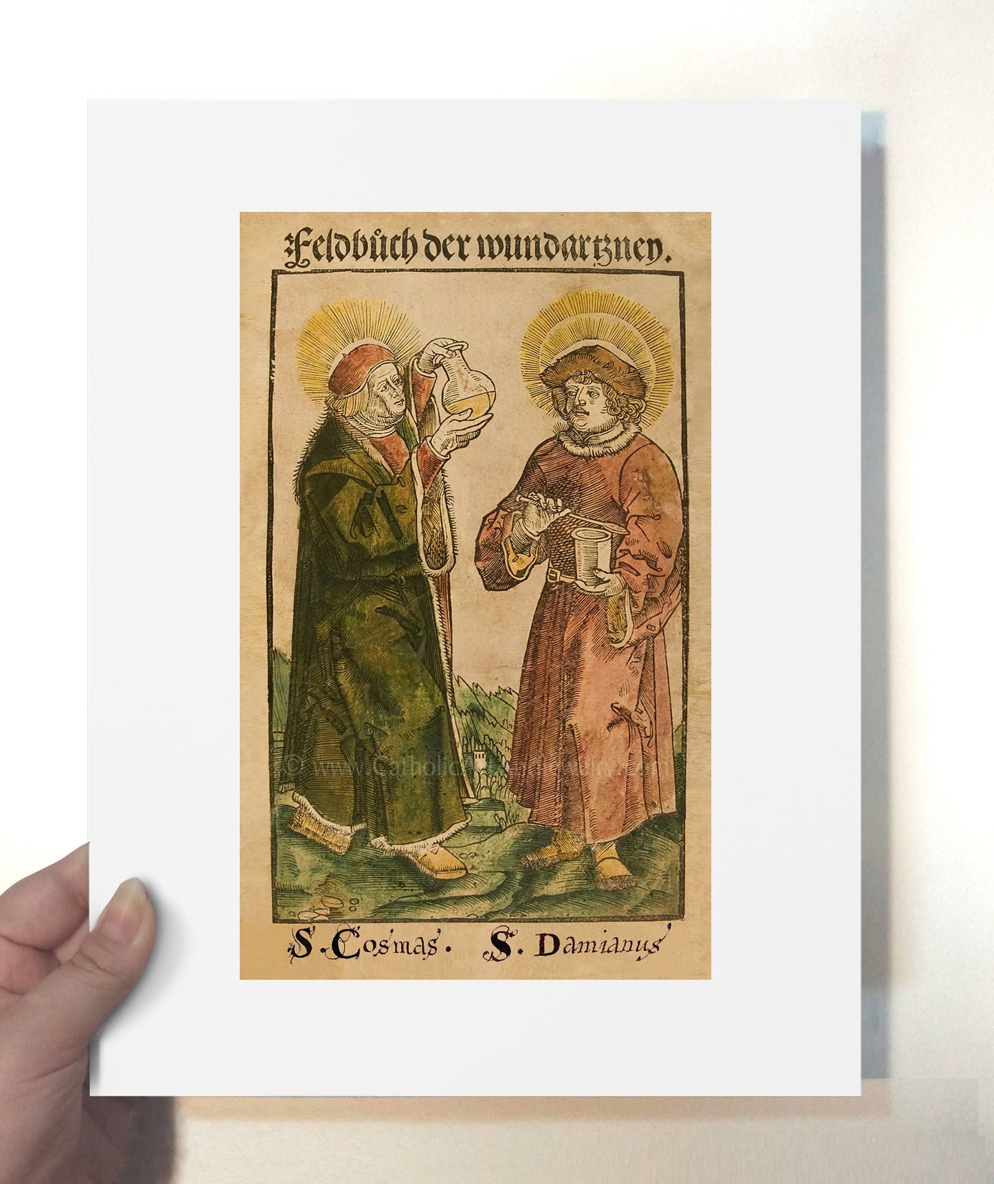 Sts Cosmas and Damian –3 sizes – by Johann Ulrich Wechtlin – Woodcut – Catholic Art Print – Archival Quality