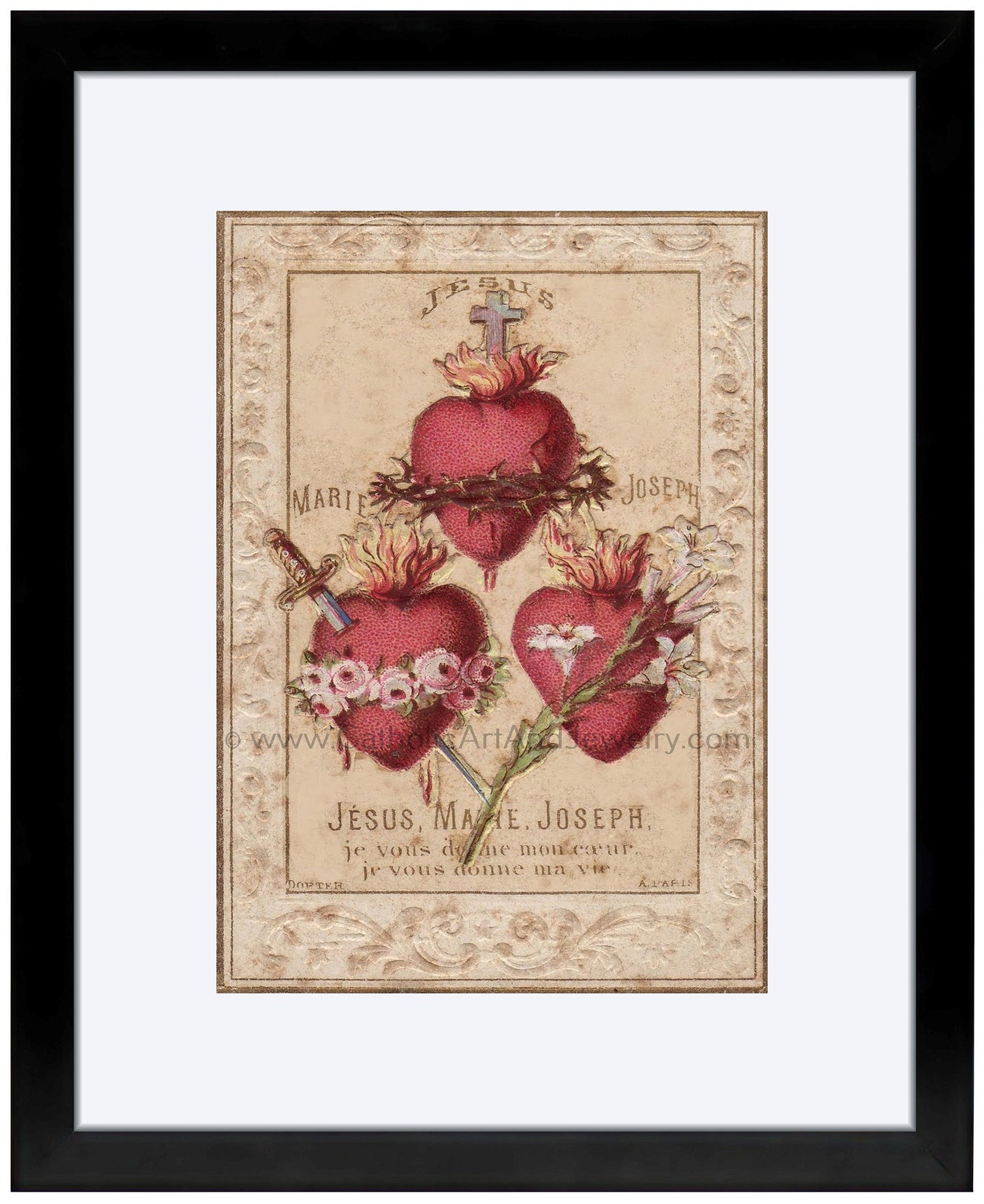 Hearts of the Holy Family – Including the Chaste Heart of St. Joseph – based on a Vintage French Holy Card – Catholic Art Print