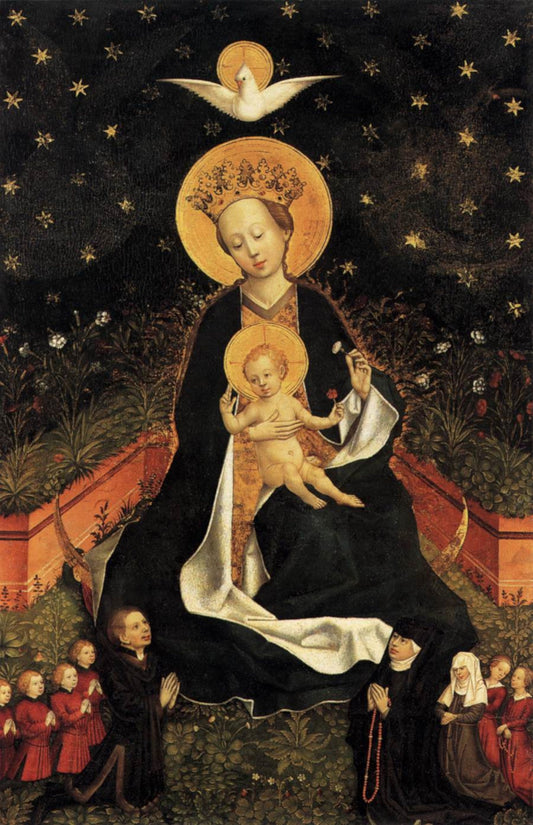 Madonna on a Crescent Moon in Hortus Conclusus – Renaissance Catholic Art Print – Archival Quality