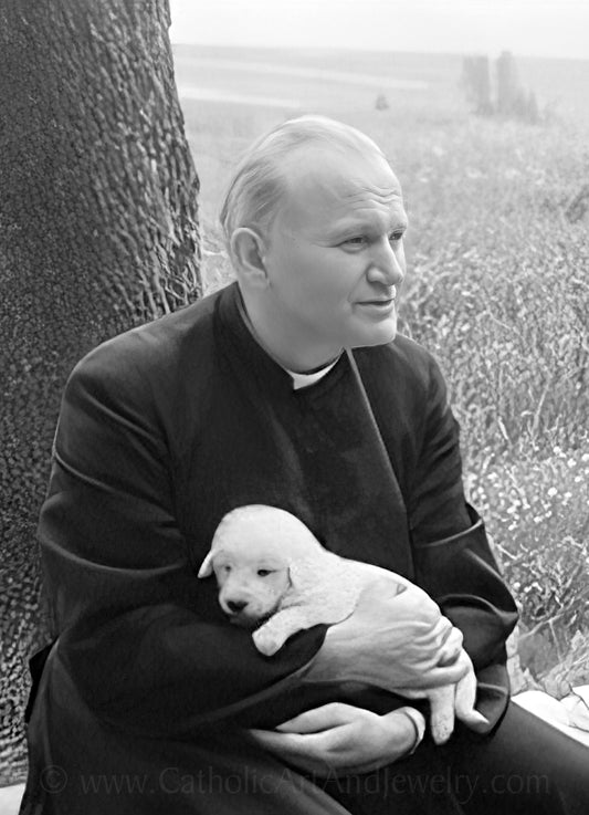 St. John Paul II with a Puppy – Exclusive Photo Restoration – 3 sizes – Catholic Art Print – Archival Quality – Catholic Gift