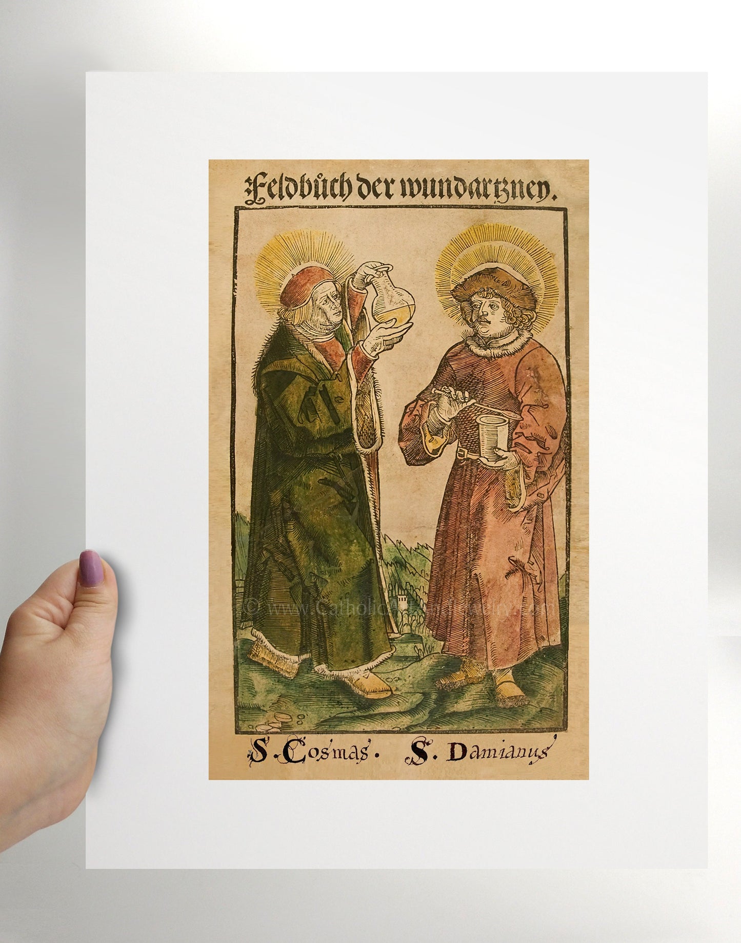 Sts Cosmas and Damian –3 sizes – by Johann Ulrich Wechtlin – Woodcut – Catholic Art Print – Archival Quality