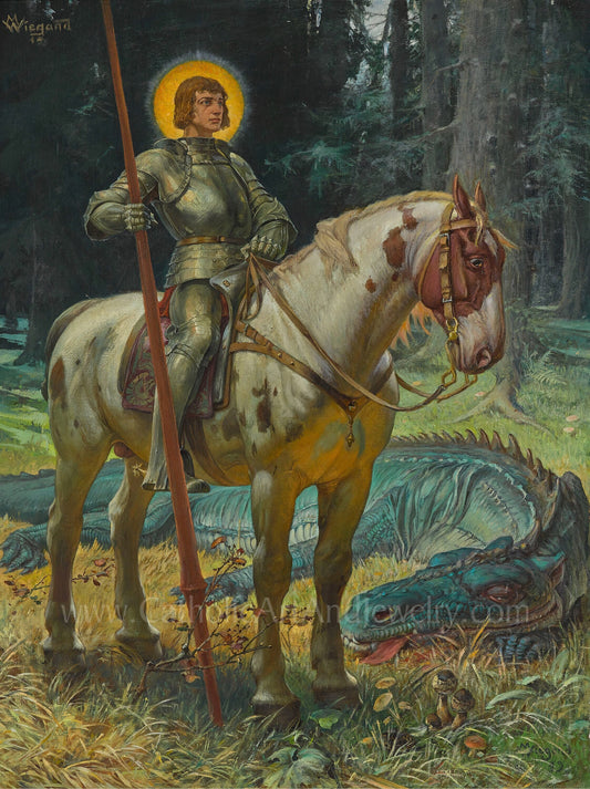 St. George in Front of the Slain Dragon – by Martin Wiegand – 4 Sizes – Catholic Art Print