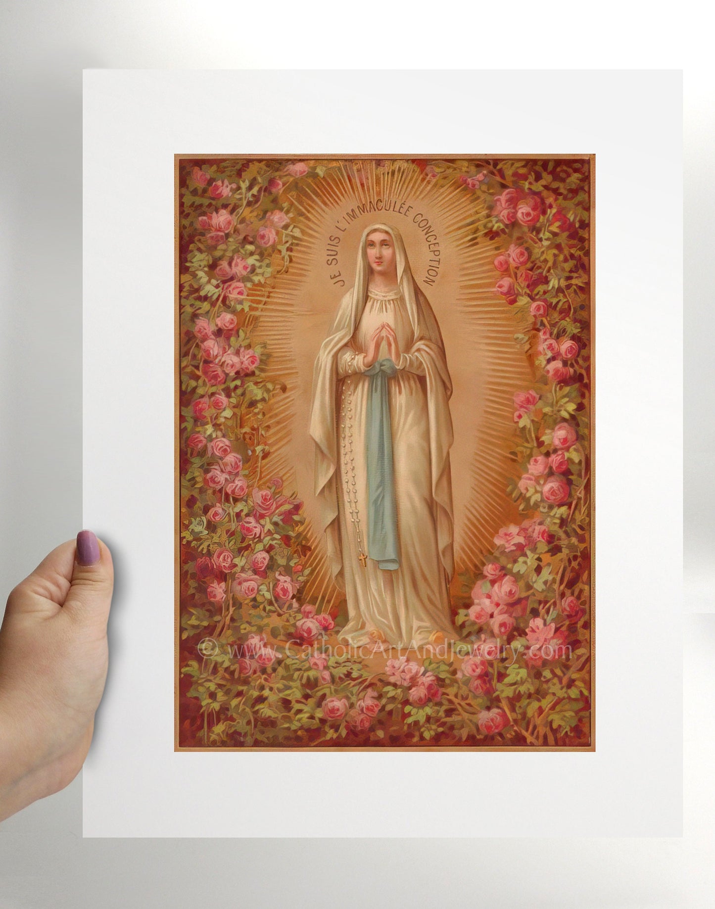 Our Lady of Lourdes Roses – based on a Vintage French Holy Card – Catholic Art Print