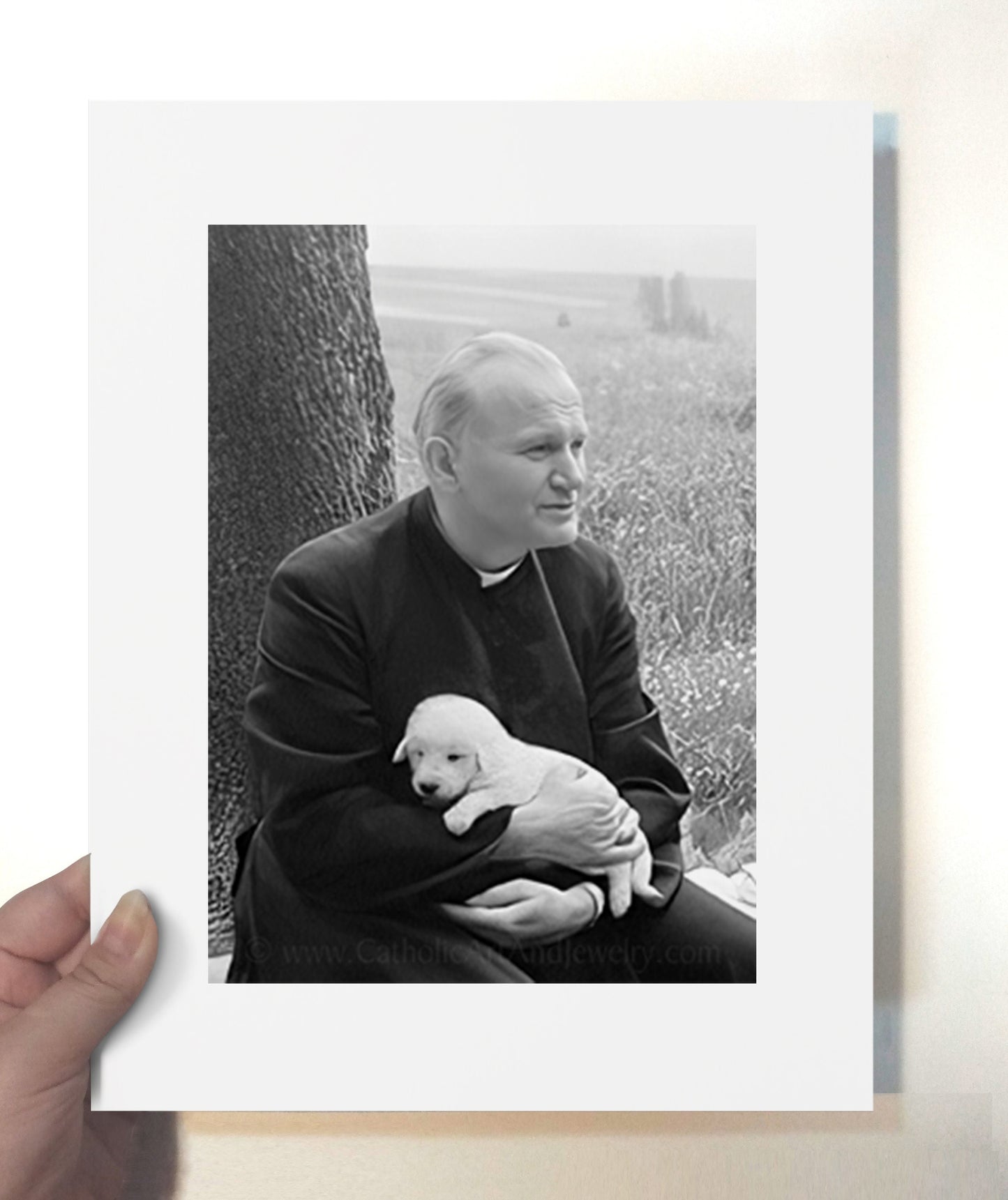 St. John Paul II with a Puppy – Exclusive Photo Restoration – 3 sizes – Catholic Art Print – Archival Quality – Catholic Gift