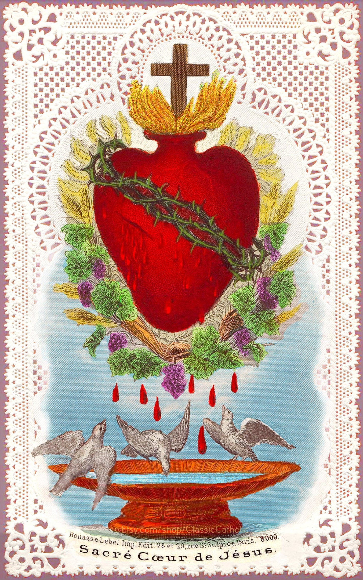 Sacred Heart of Jesus with Doves and Lace – based on a Vintage Holy Card – Catholic Art Print – Archival Quality