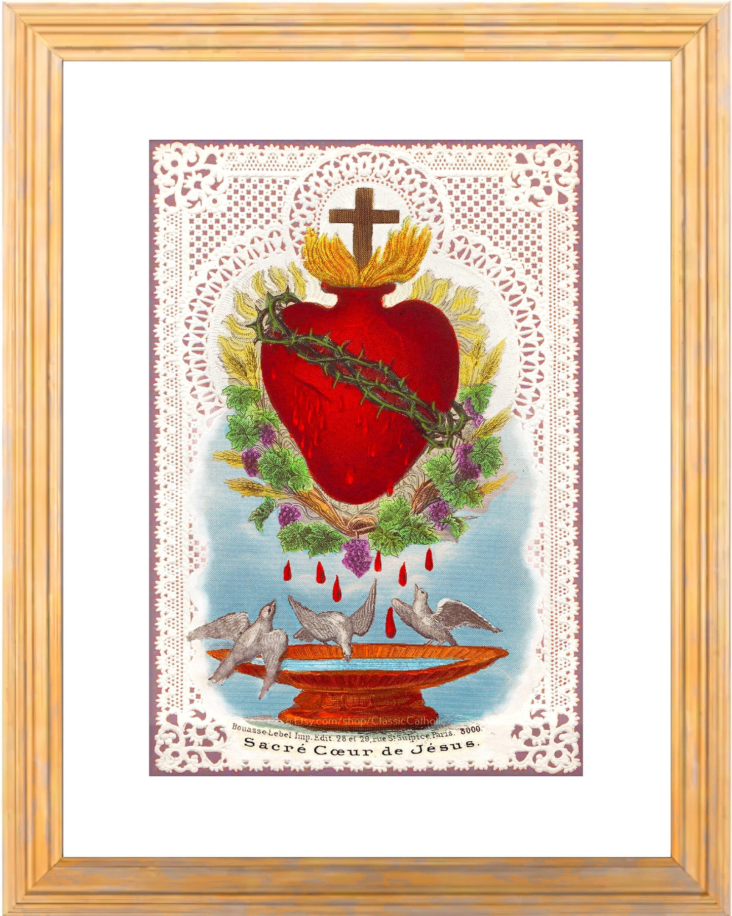 Sacred Heart of Jesus with Doves and Lace – based on a Vintage Holy Card – Catholic Art Print – Archival Quality