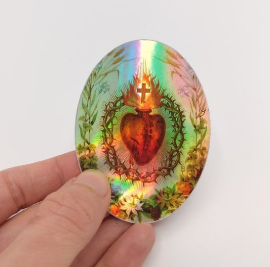Sacred Heart Sticker– Iridescent! (faux Holographic!) –based on a Vintage Holy Card – Catholic Sticker – Catholic Student – Laptop sticker