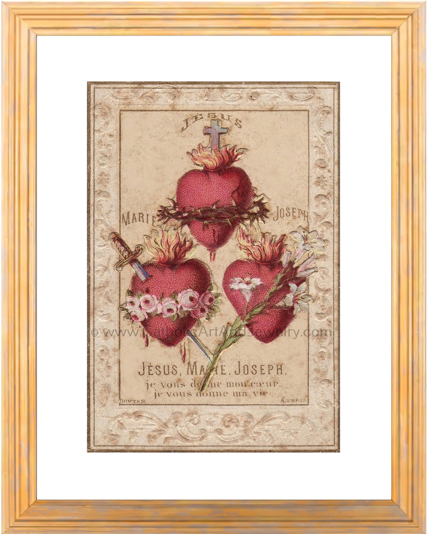 Hearts of the Holy Family – Including the Chaste Heart of St. Joseph – based on a Vintage French Holy Card – Catholic Art Print