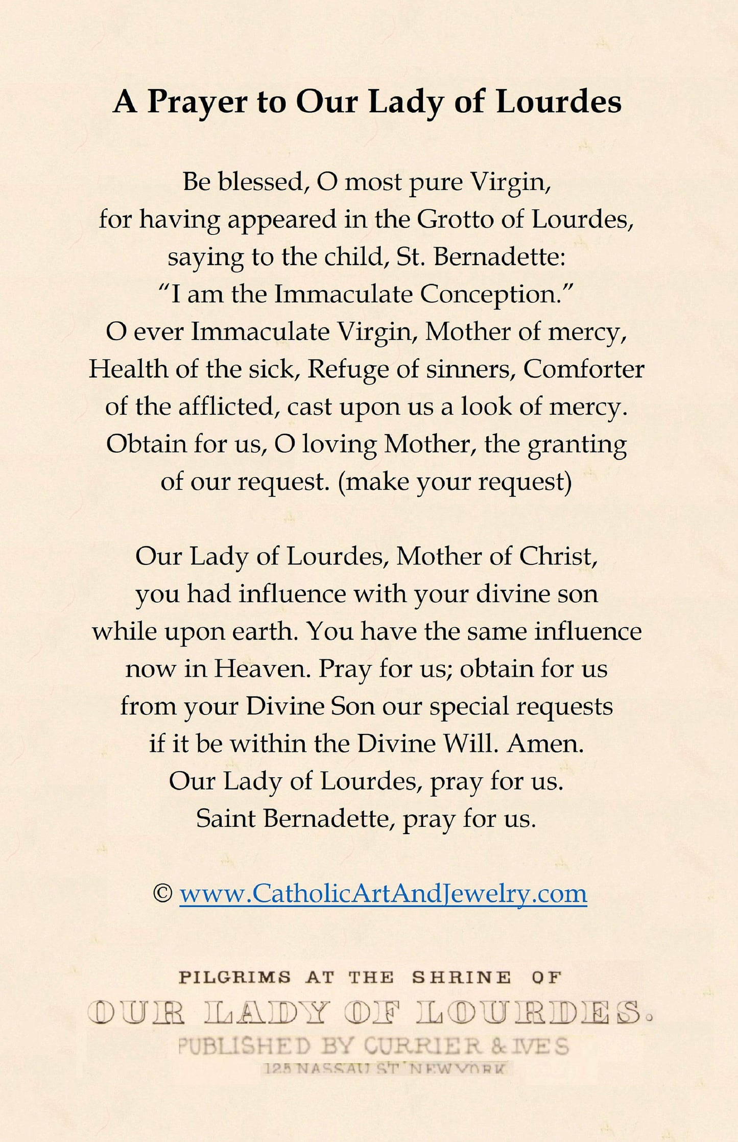 Currier & Ive's "Pilgrims to Lourdes" Holy Card – Healing Prayer – pack of 10/100/1000