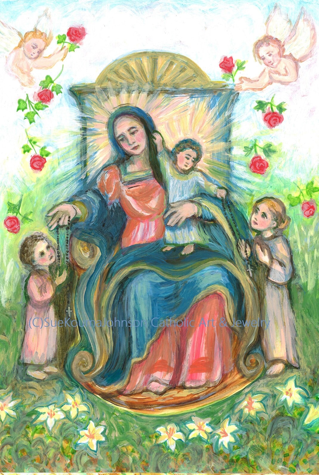 New! Our Lady of the Holy Rosary - Holy Cards – by Sue Kouma Johnson – pack of 10/100/1000